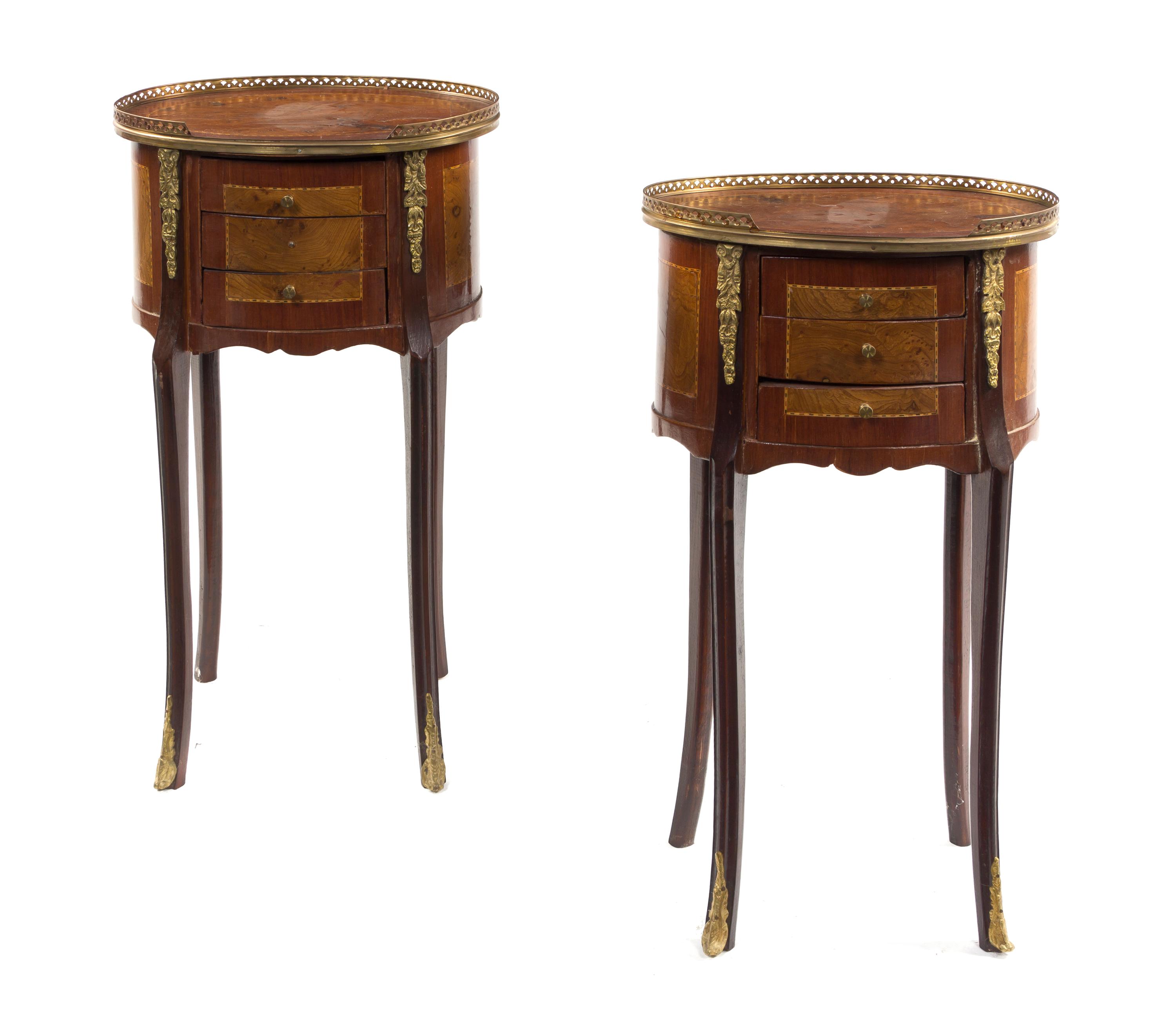 A Pair of Louis XV Style Gilt Metal Mounted Side Tables, Height 28 x width 16 1/2 x depth 12 1/2 inches.