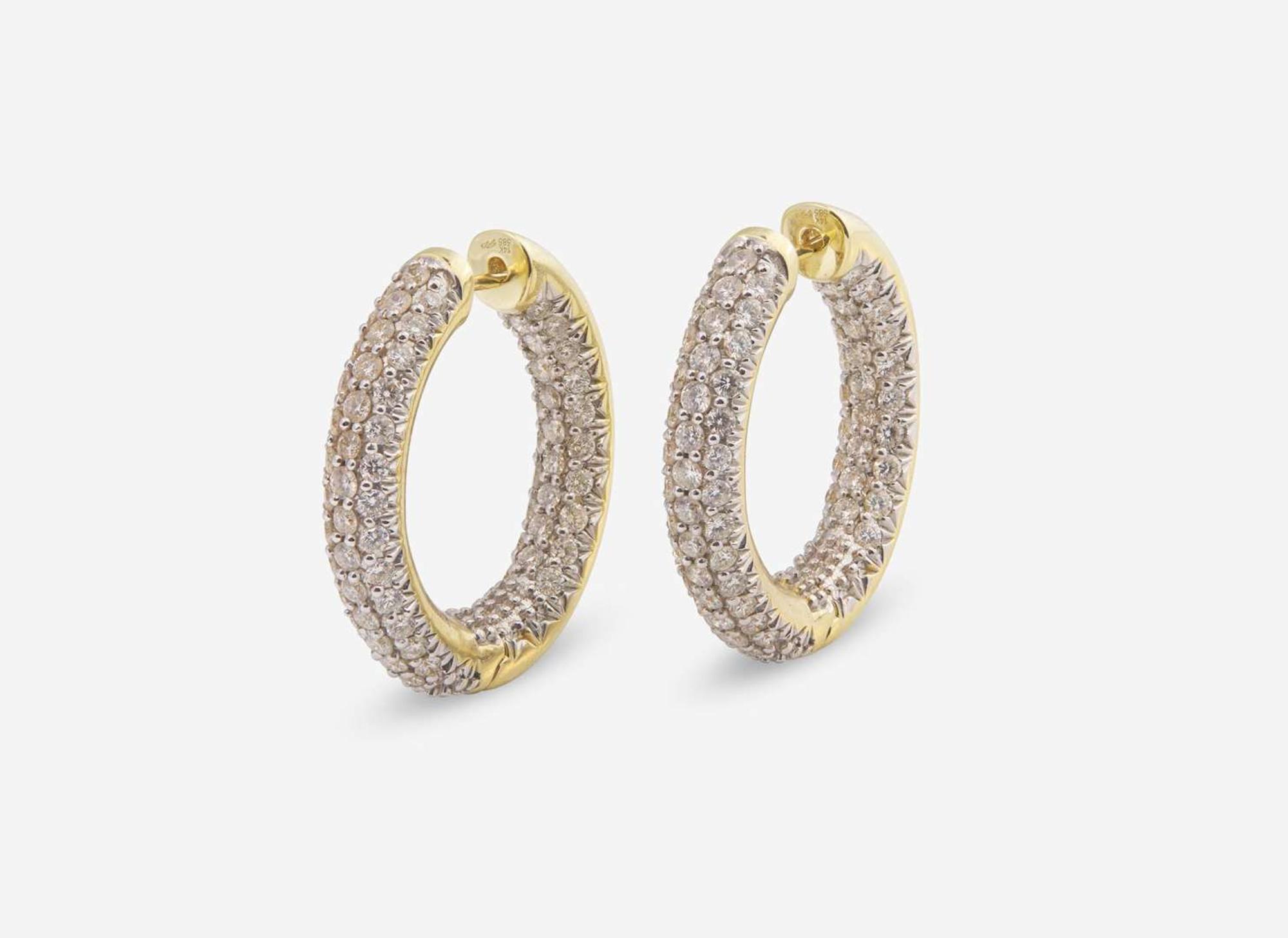 A Pair of 14K Yellow Gold and Diamond Hoops