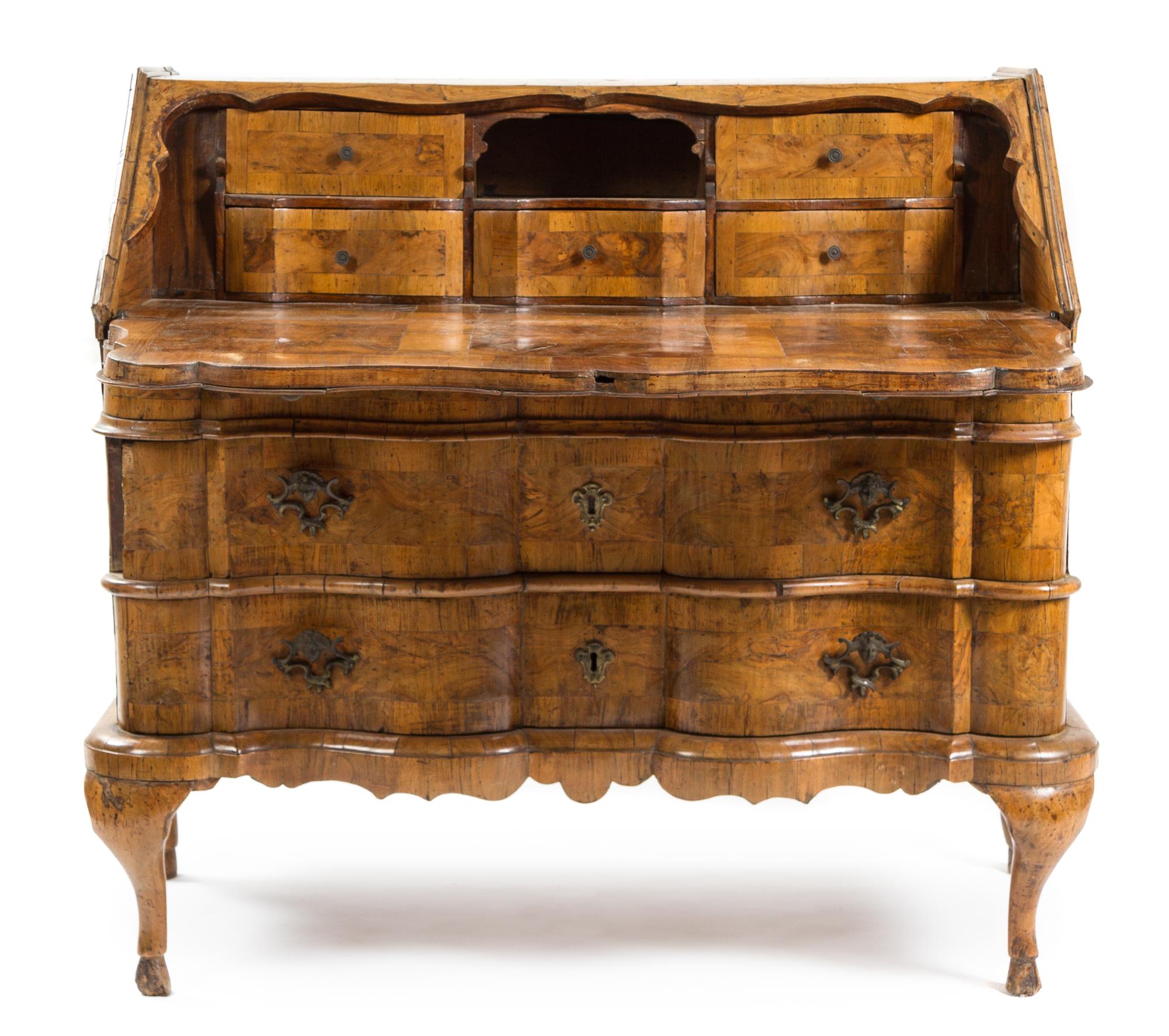 A Baroque Walnut Slant Front Secretary Height 43 1/2 x width 45 x depth 24 1/2 inches. — 17TH/18TH CENTURY