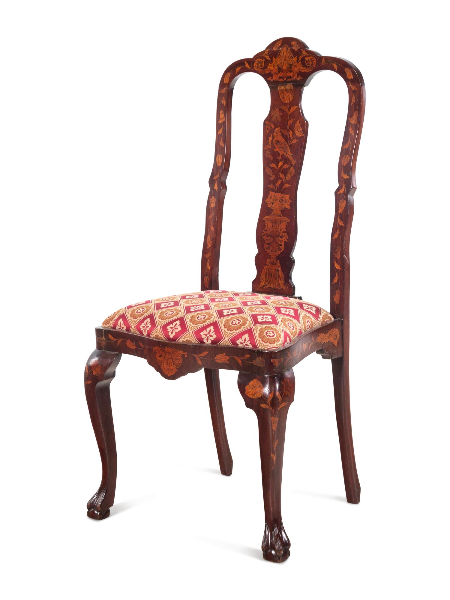 A Dutch Marquetry Side Chair with Scalamandré Upholstery