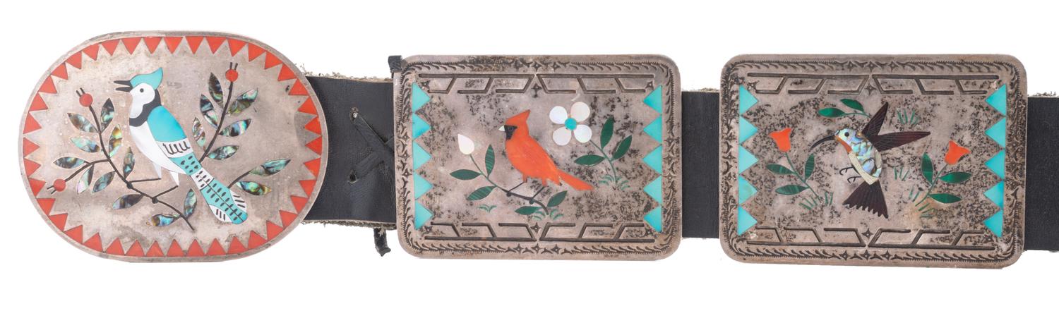 Silver and Mosaic Inlay Concha Belt, with Multiple Bird Species Lot is located and will ship from Denver, Colorado.