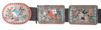 Silver and Mosaic Inlay Concha Belt, with Multiple Bird Species Lot is located and will ship from Denver, Colorado.