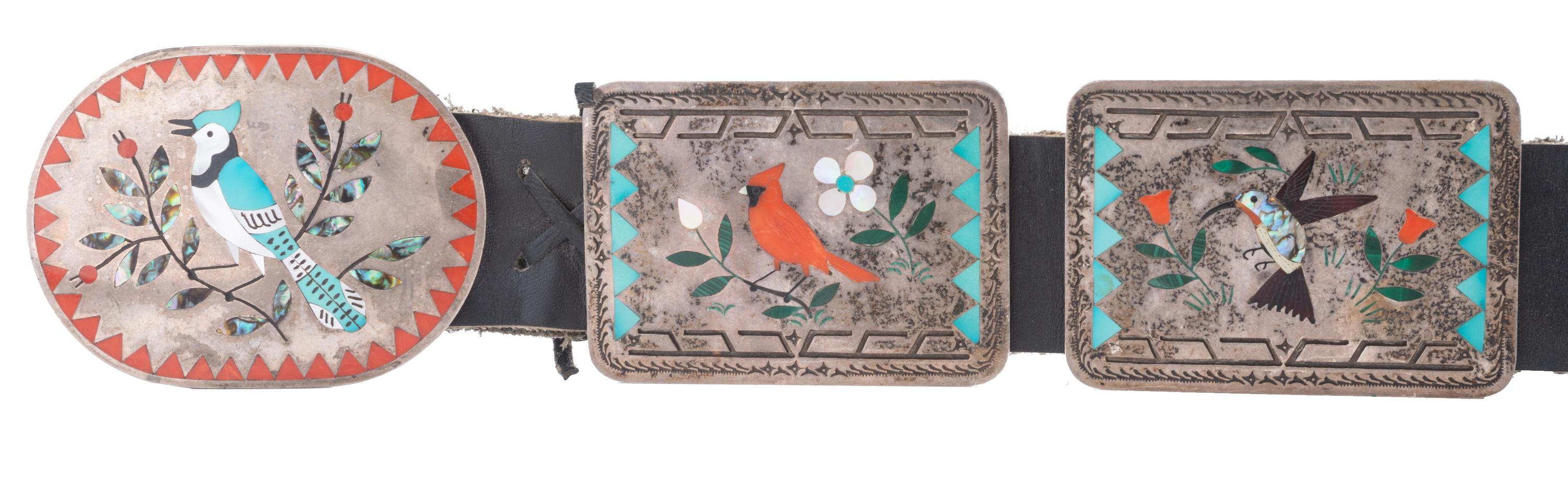 Silver and Mosaic Inlay Concha Belt, with Multiple Bird Species Lot is located and will ship from Denver, Colorado.