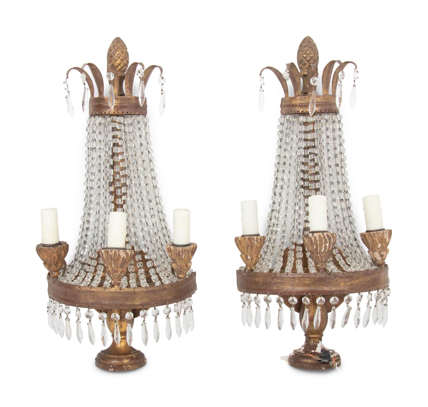 A Pair of Italian Gilt Metal and Glass Three-Light Sconces