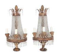 A Pair of Italian Gilt Metal and Glass Three-Light Sconces