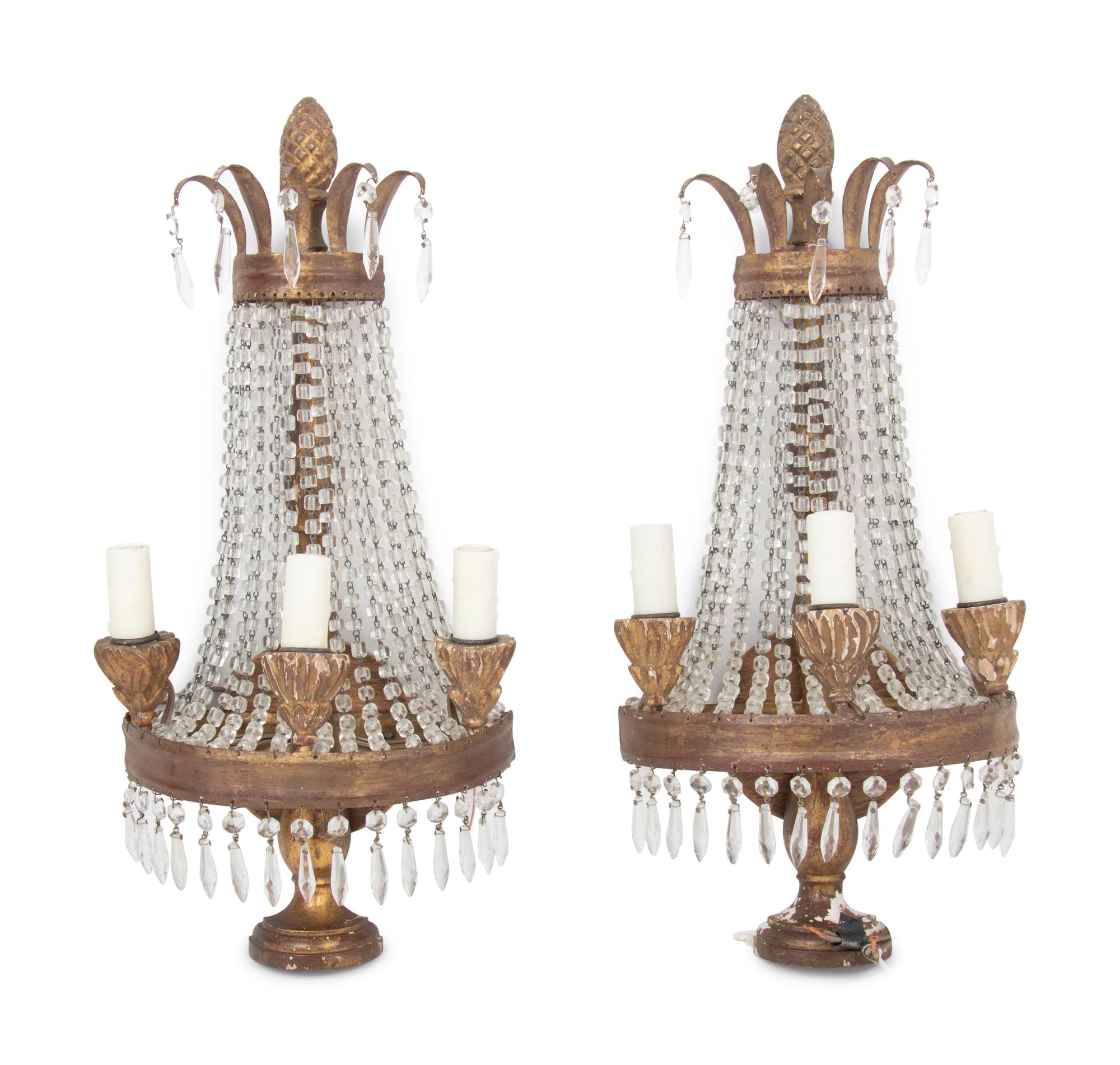 A Pair of Italian Gilt Metal and Glass Three-Light Sconces