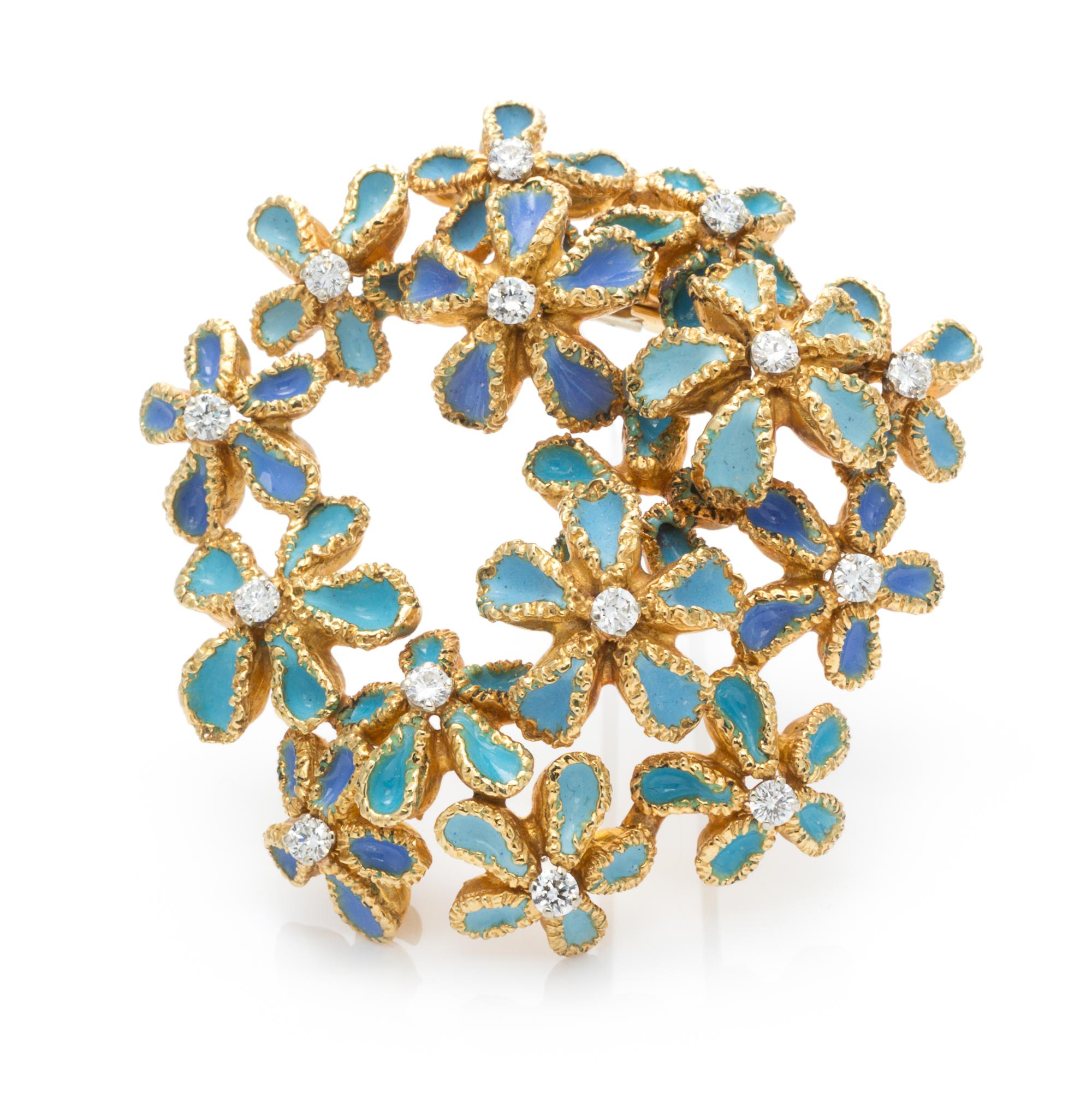 An 18 Karat Yellow Gold, Polychrome Enamel and Diamond Flower Brooch, French, 25.70 dwts.