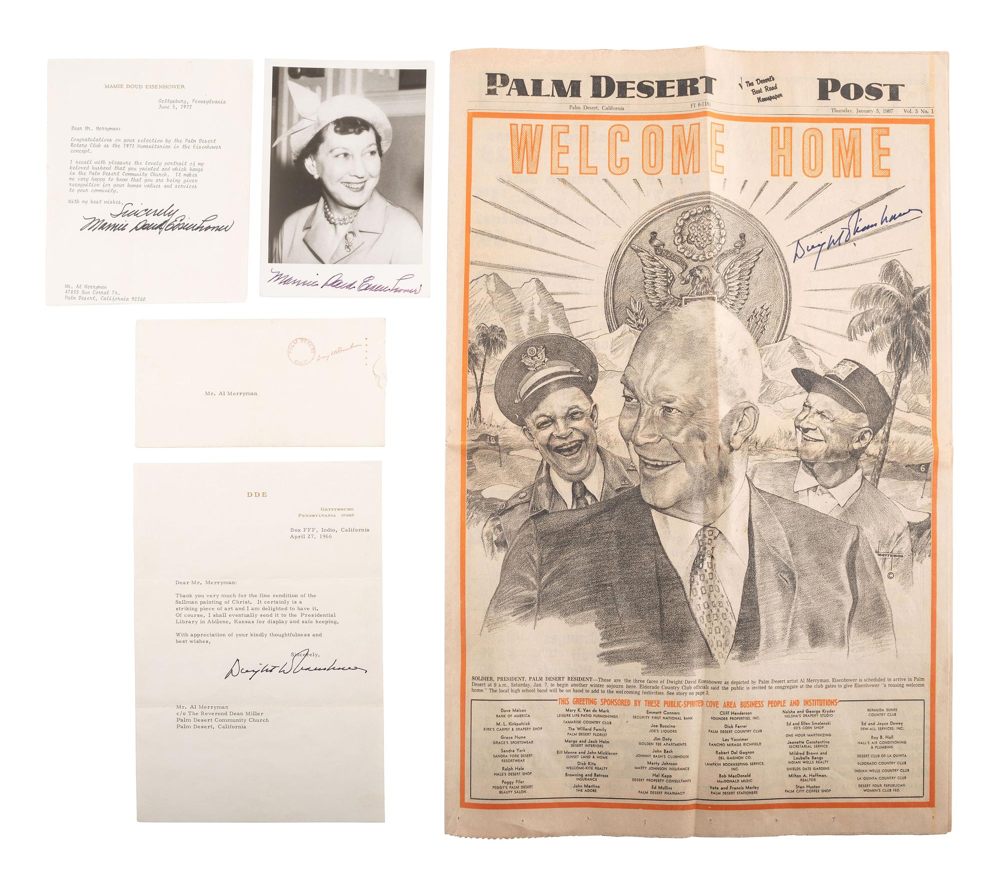 EISENHOWER, Dwight D. (1890-1969). Two signed items. [With:] Mamie Doud Eisenhower photo and TLS.