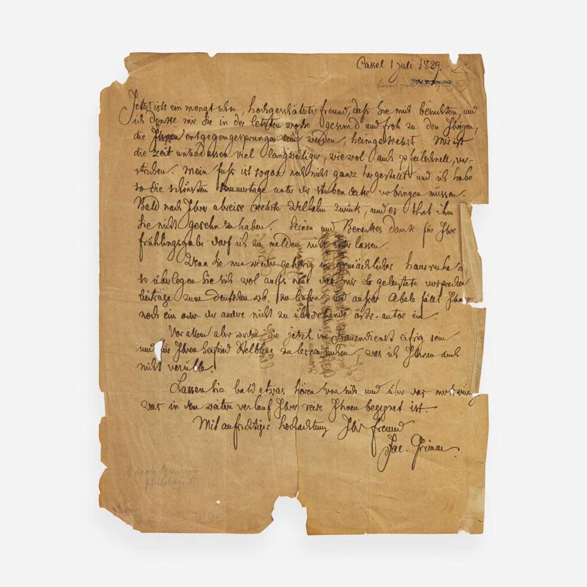 [Children's & Illustrated] Grimm, Jacob Autograph Letter, signed