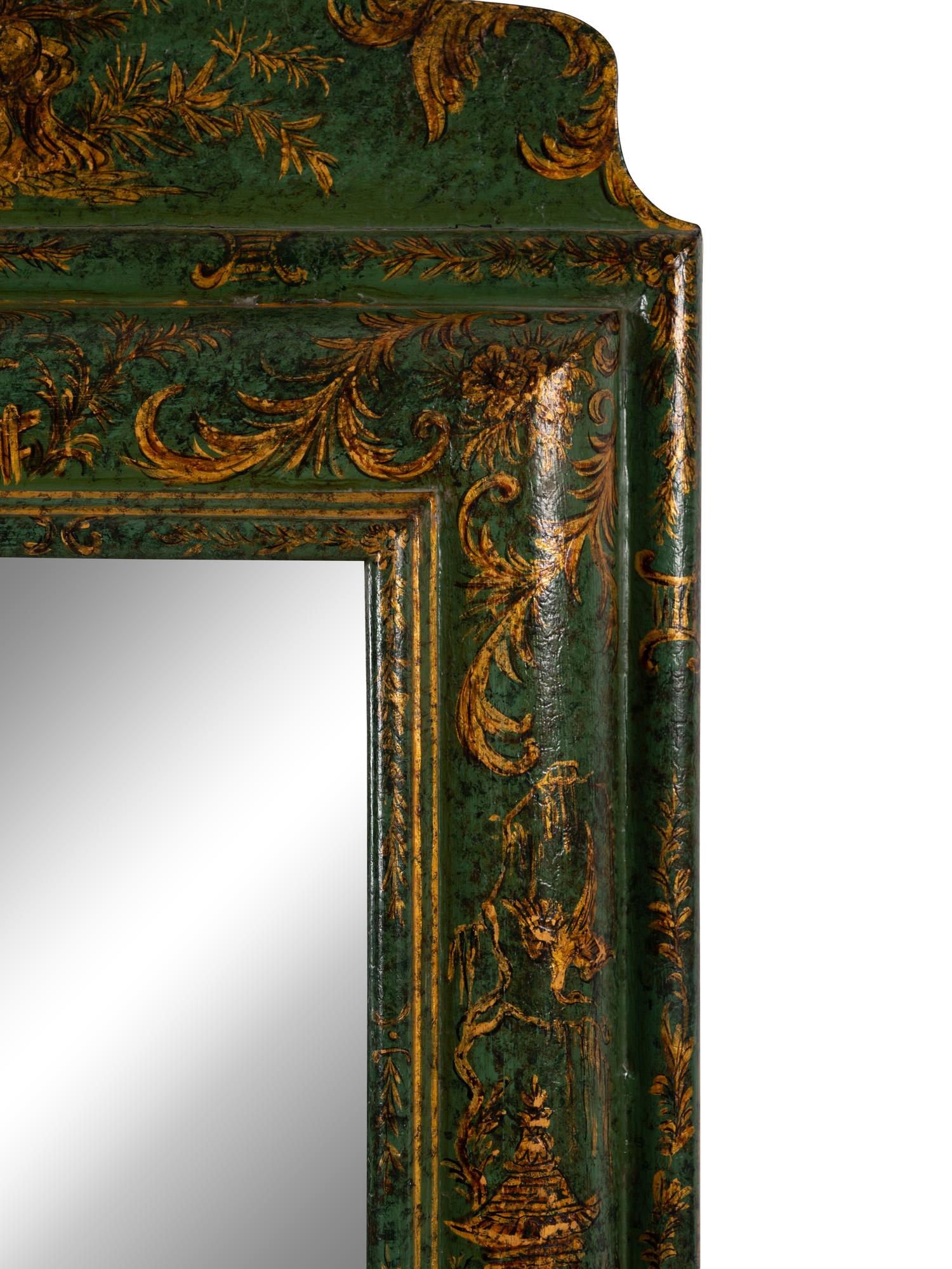 A Queen Anne Style Green Japanned Mirror