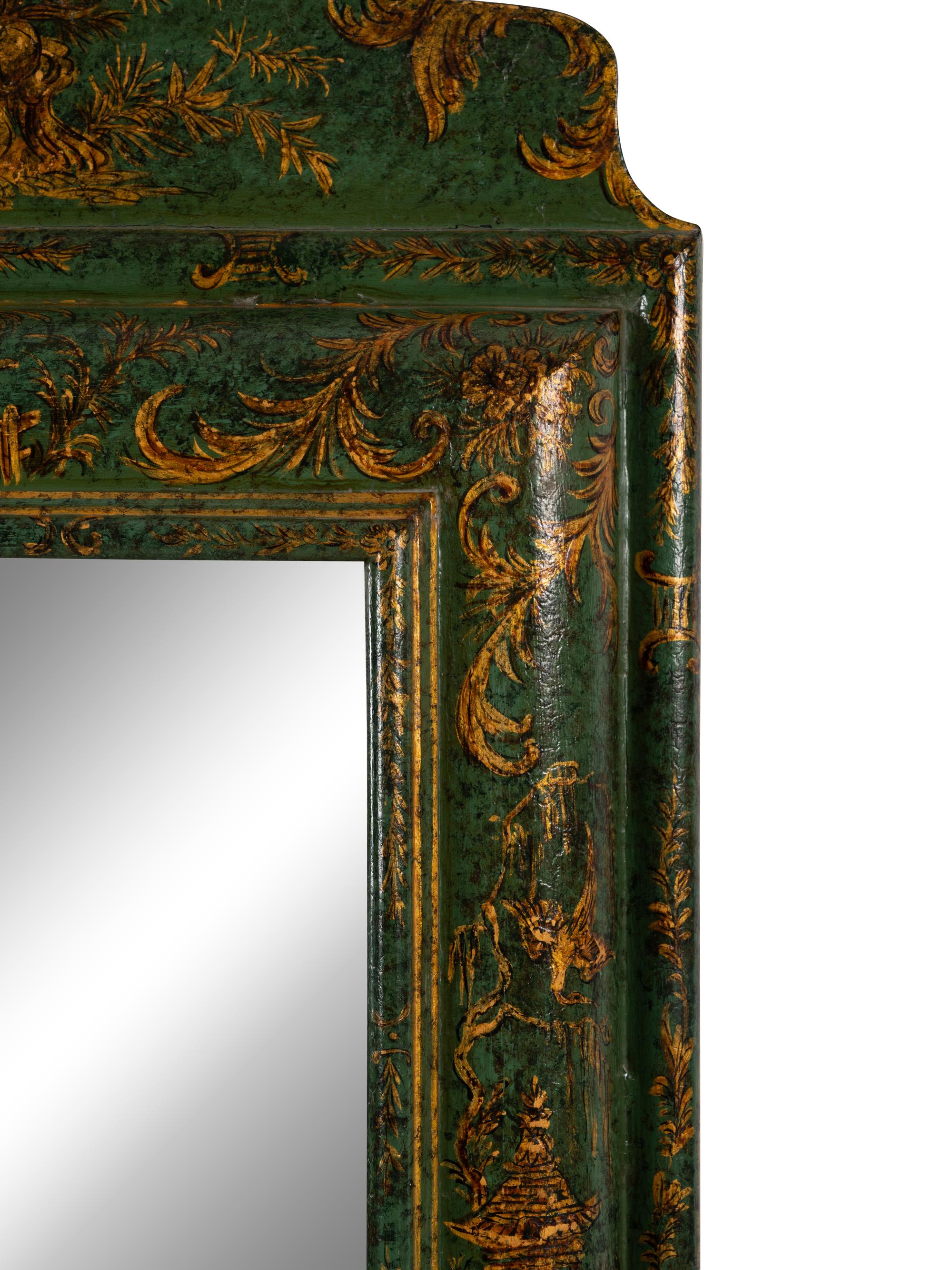 A Queen Anne Style Green Japanned Mirror