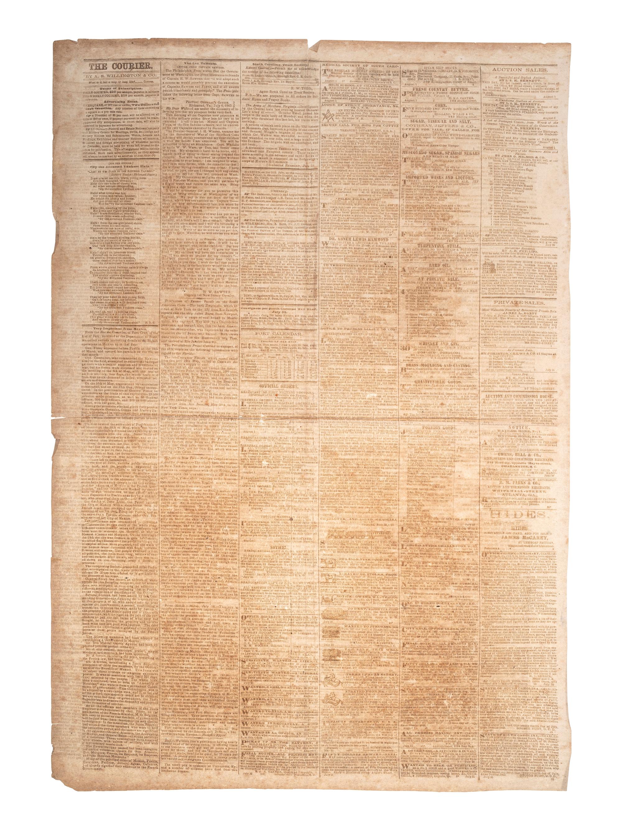 [CIVIL WAR] -- [AFRICAN AMERICANA]. Charleston Daily Courier . Vol. LXI, No. 19,511. Charleston, SC: 1 August 1863.