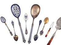Seventeen Enameled Silver and Silver Gilt Serving Spoons and Souvenir Spoons