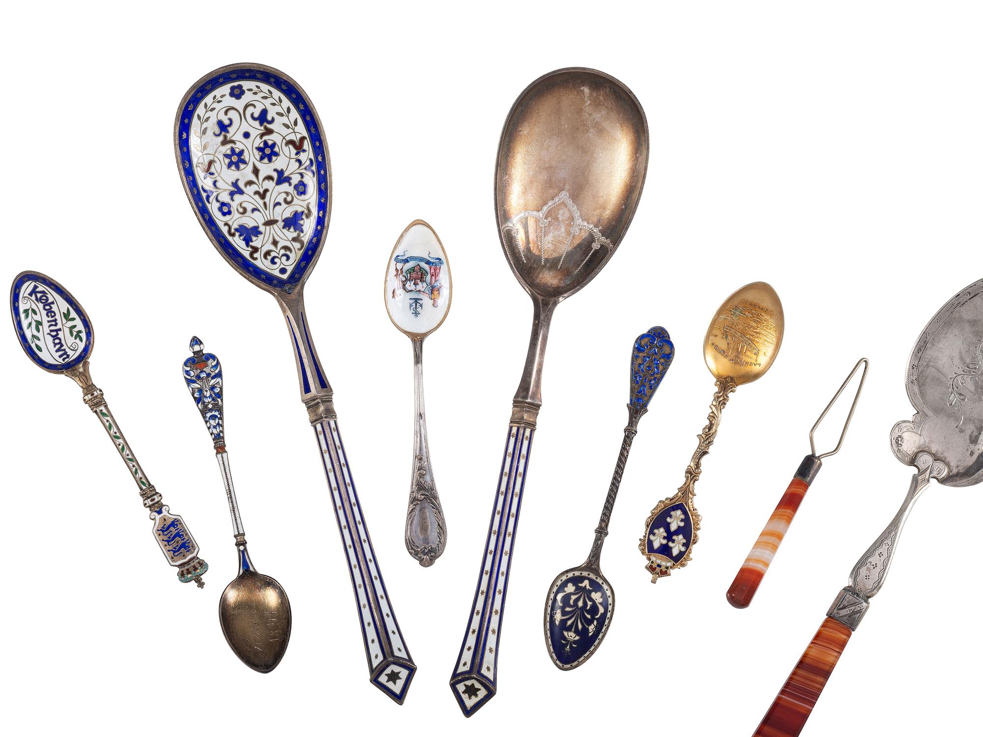 Seventeen Enameled Silver and Silver Gilt Serving Spoons and Souvenir Spoons