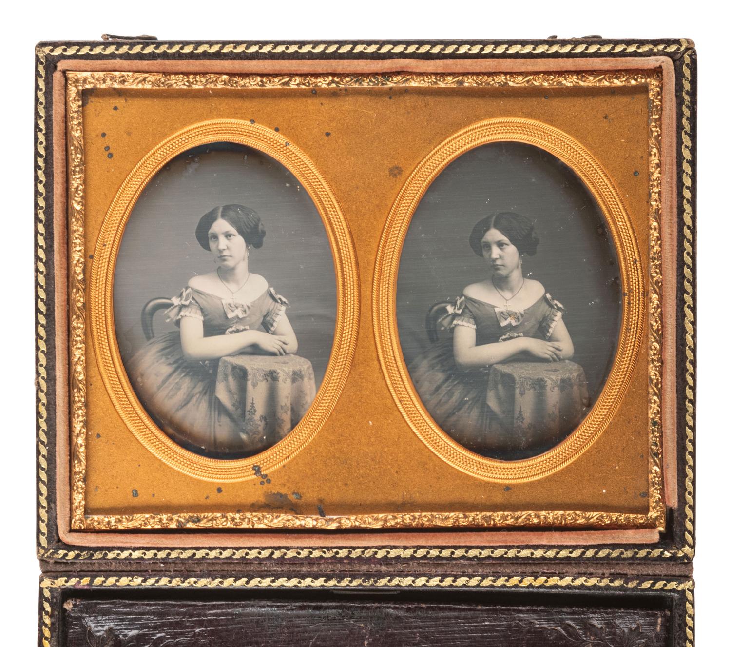 [EARLY PHOTOGRAPHY]. Stereodaguerreotype of a young woman housed in a Mascher case. From the George Kirk Warren Estate, noted Lowell, MA, daguerreotypist. Ca 1853.