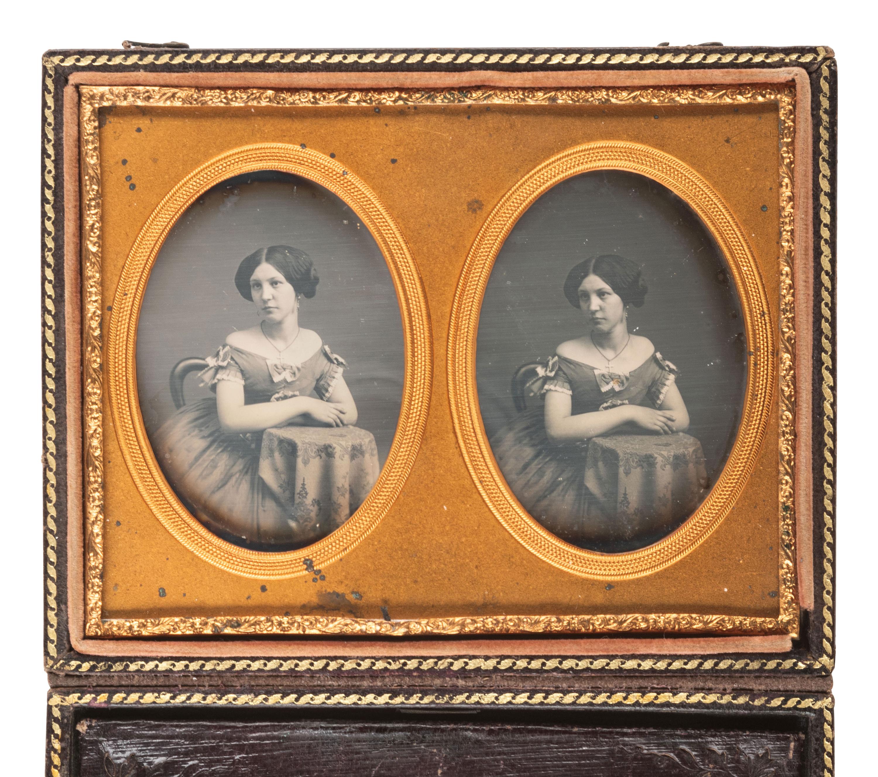 [EARLY PHOTOGRAPHY]. Stereodaguerreotype of a young woman housed in a Mascher case. From the George Kirk Warren Estate, noted Lowell, MA, daguerreotypist. Ca 1853.