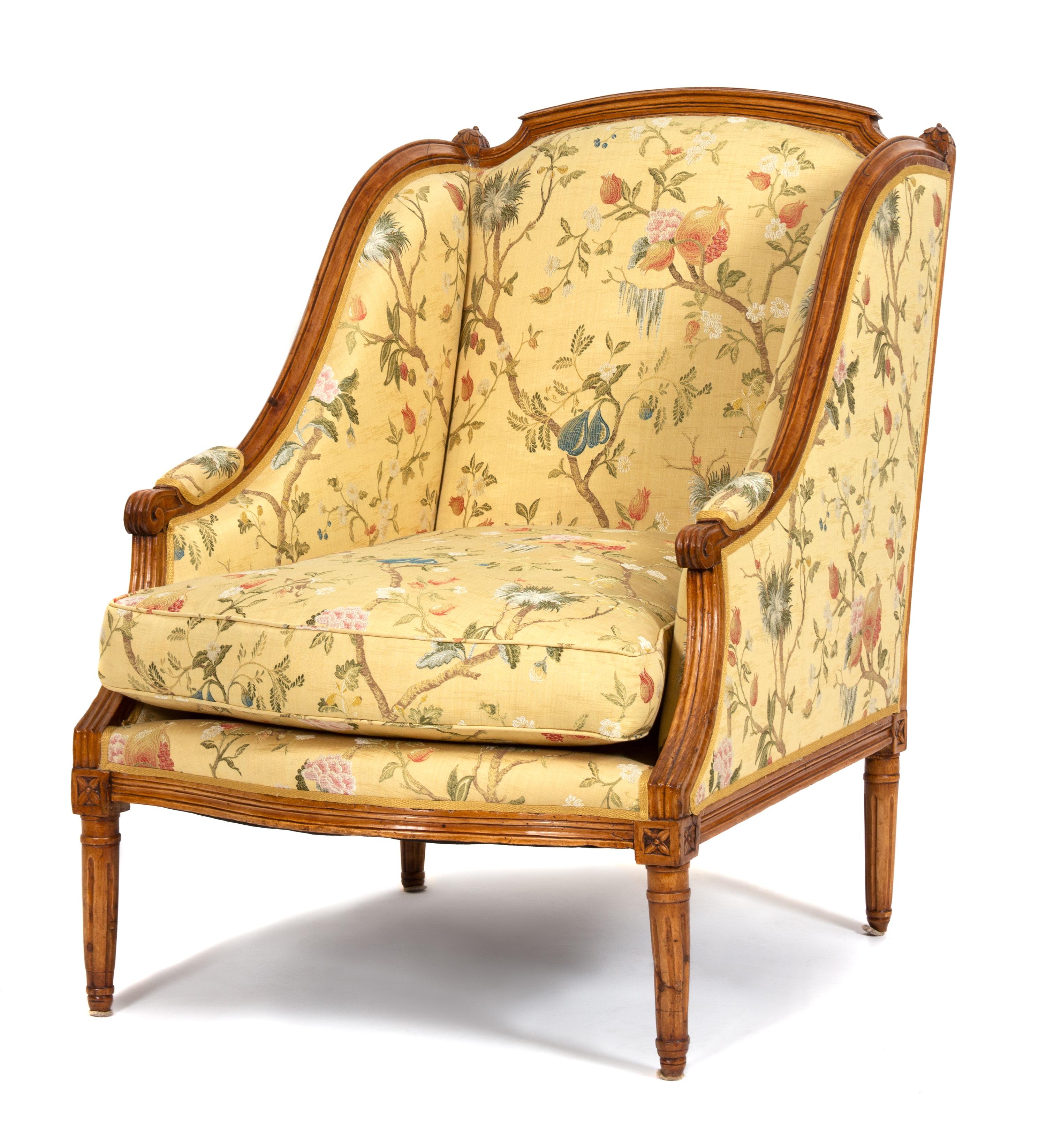 A Louis XVI Style Carved Fruitwood Bergere Height 37 inches. — 19TH CENTURY