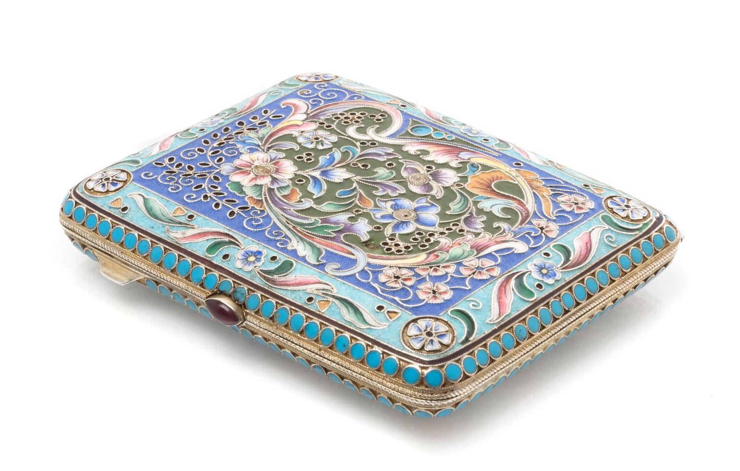 A Russian Enameled Silver Cigarette Case, Mark of Mikhail Zorin, Moscow, early 20th century, the case decorated with a central floral a