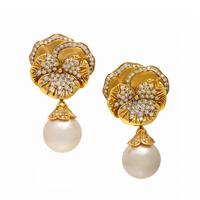Mish, Diamond, Cultured Pearl, and Yellow Gold Convertible Flower Earrings