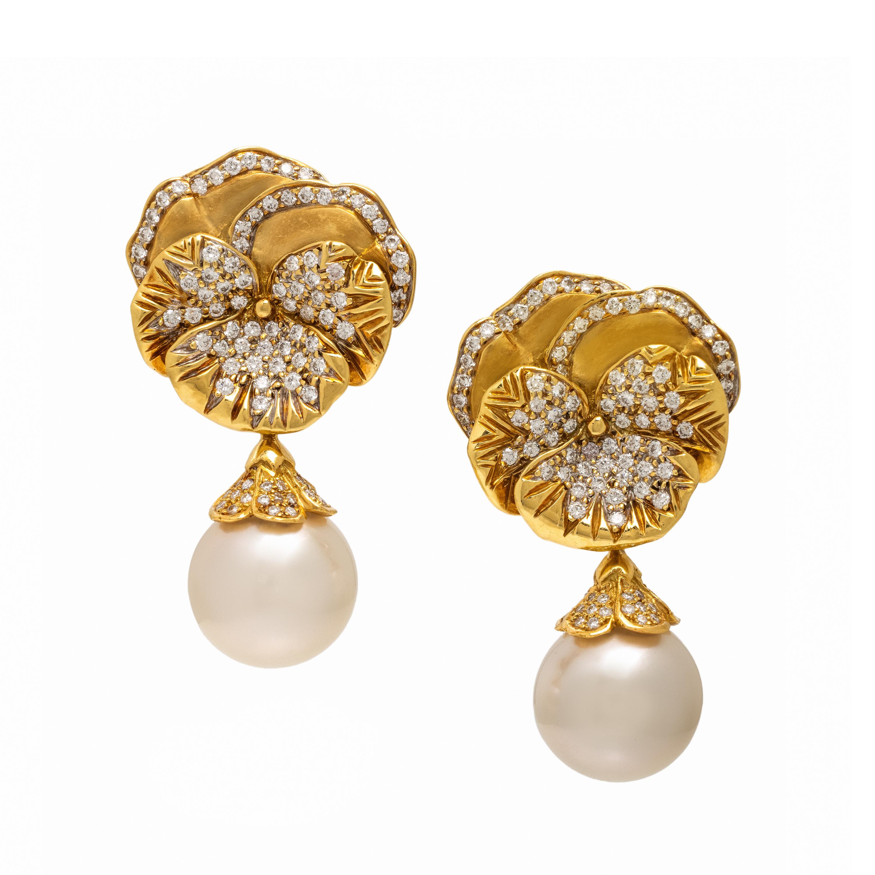 Mish, Diamond, Cultured Pearl, and Yellow Gold Convertible Flower Earrings