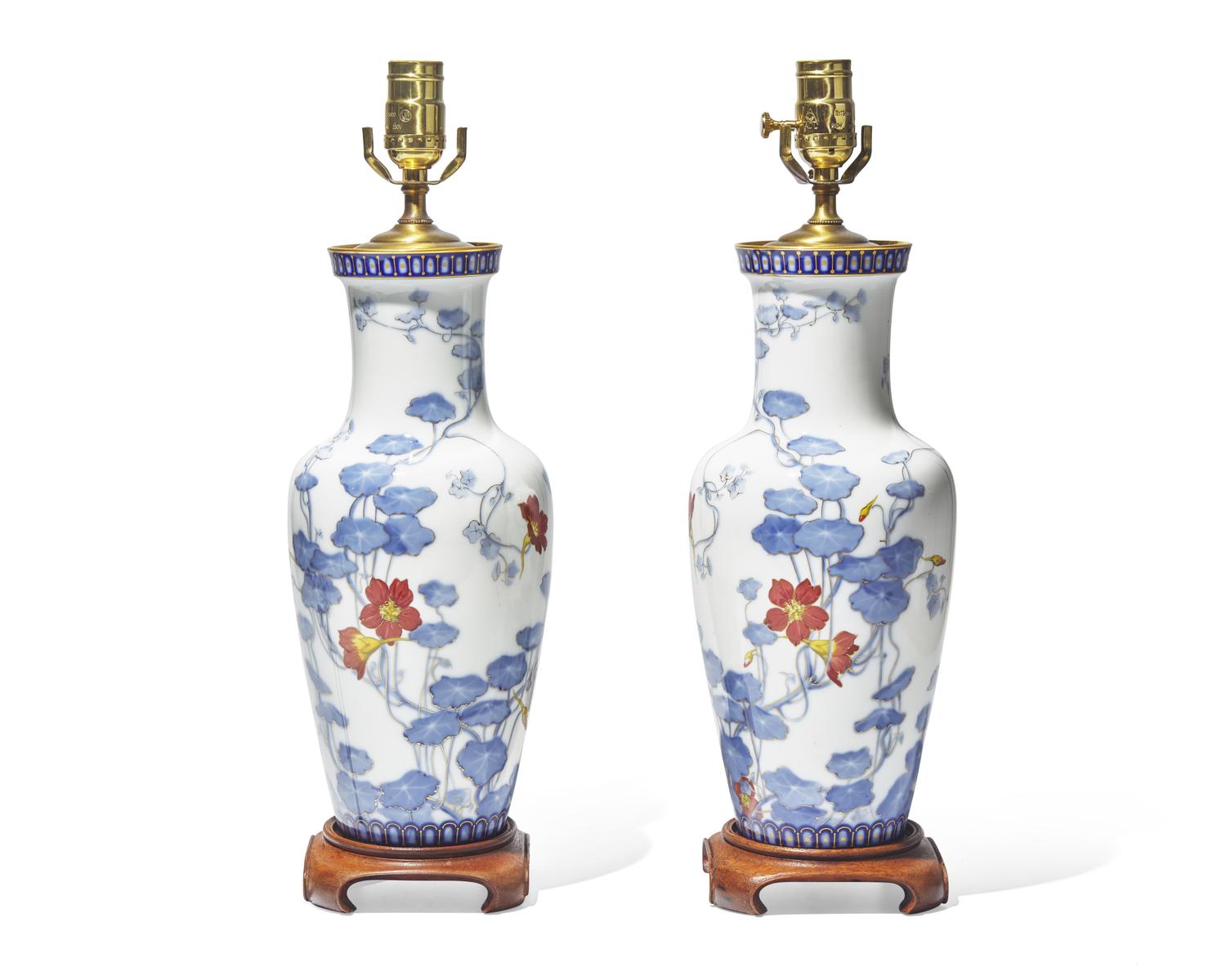 A pair of French porcelain baluster vases mounted as table lamps, probably Sèvres, Paris, France, circa 1880s