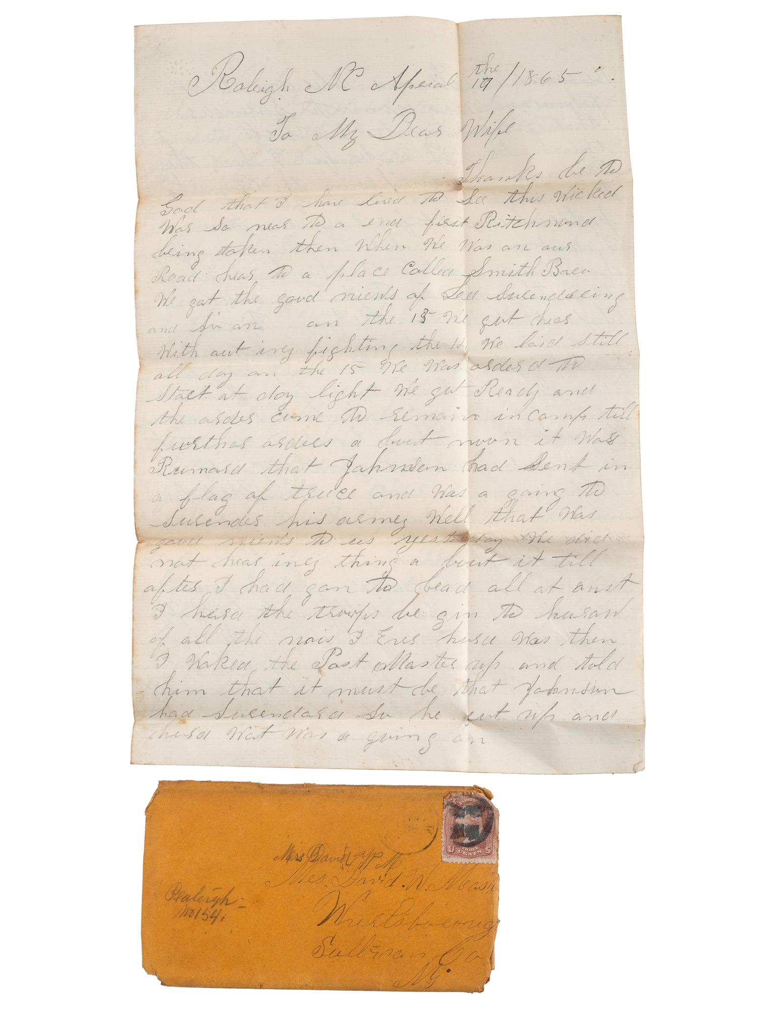 [CIVIL WAR]. Extensive letter archive of Private David W. Masten, Co. E, New York 143rd Infantry, musician, private, and member of the Ambulance Corps.