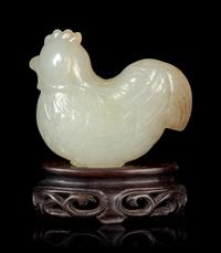 A Carved Pale Celadon and Russet Jade Figure of Rooster