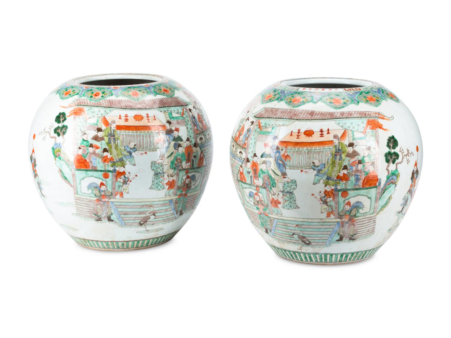 A Pair of Chinese Famille Verte Porcelain Melon-Form Jardinières