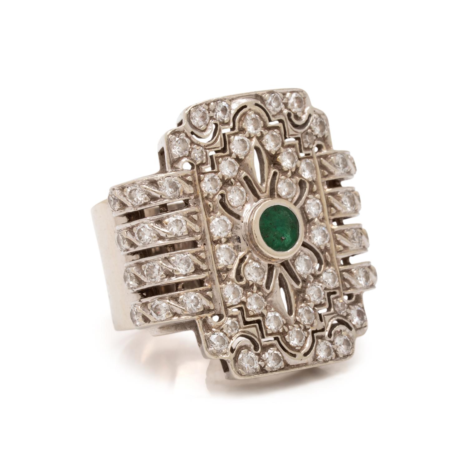 Diamond, Emerald, and White Gold Ring