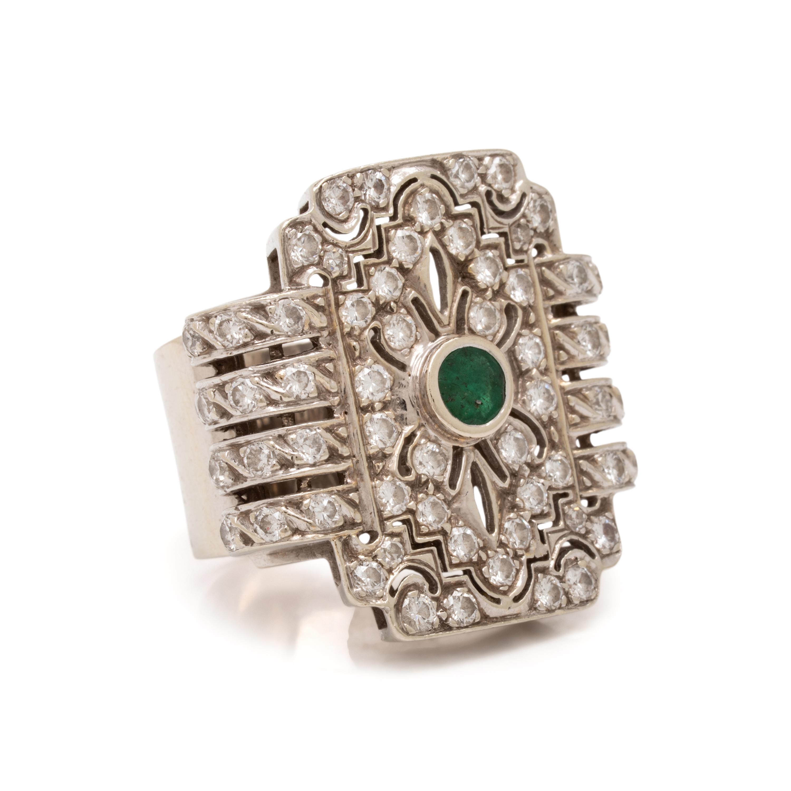 Diamond, Emerald, and White Gold Ring