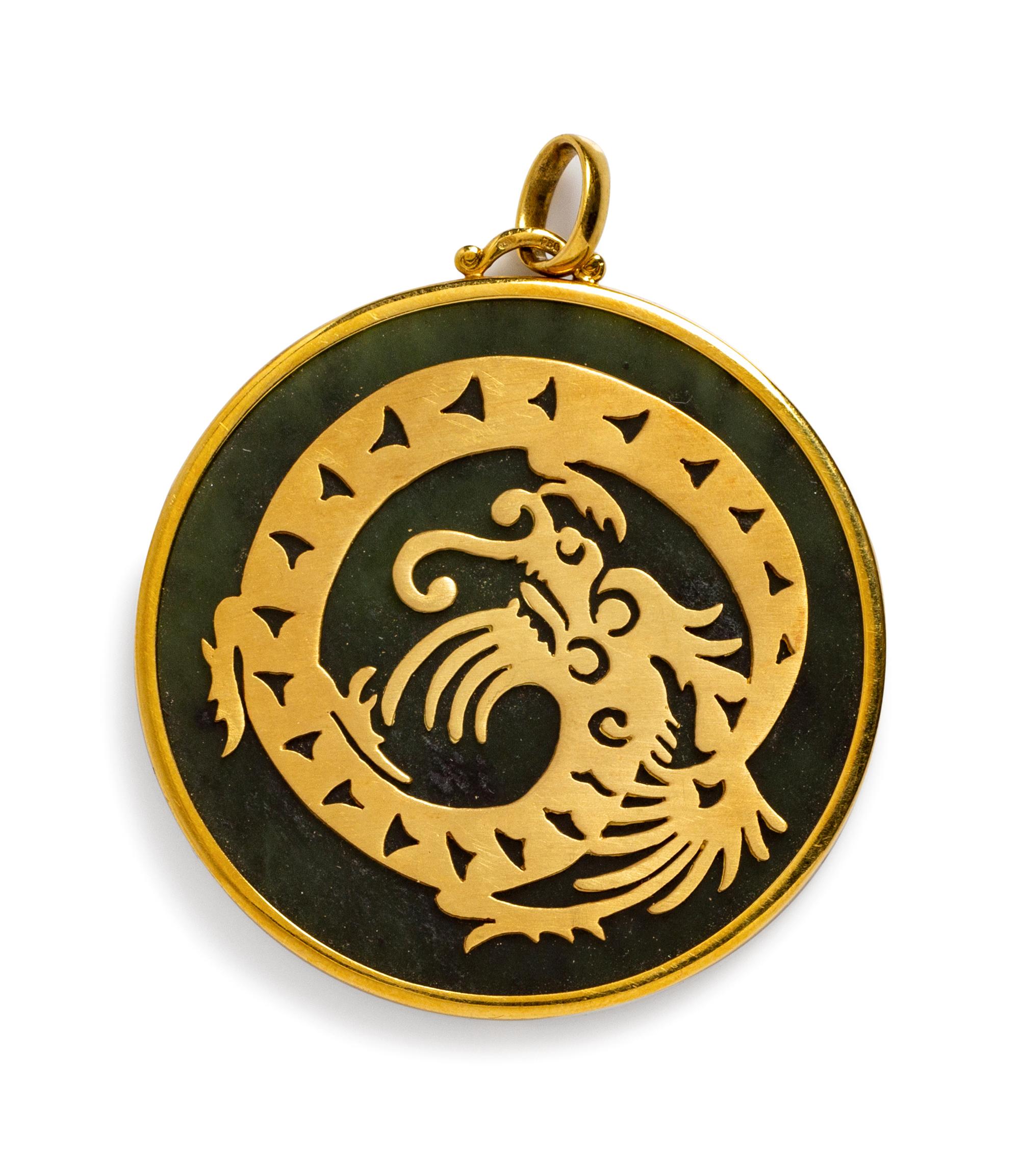 An 18 Karat Yellow Gold and Nephrite Dragon Motif Pendant,
