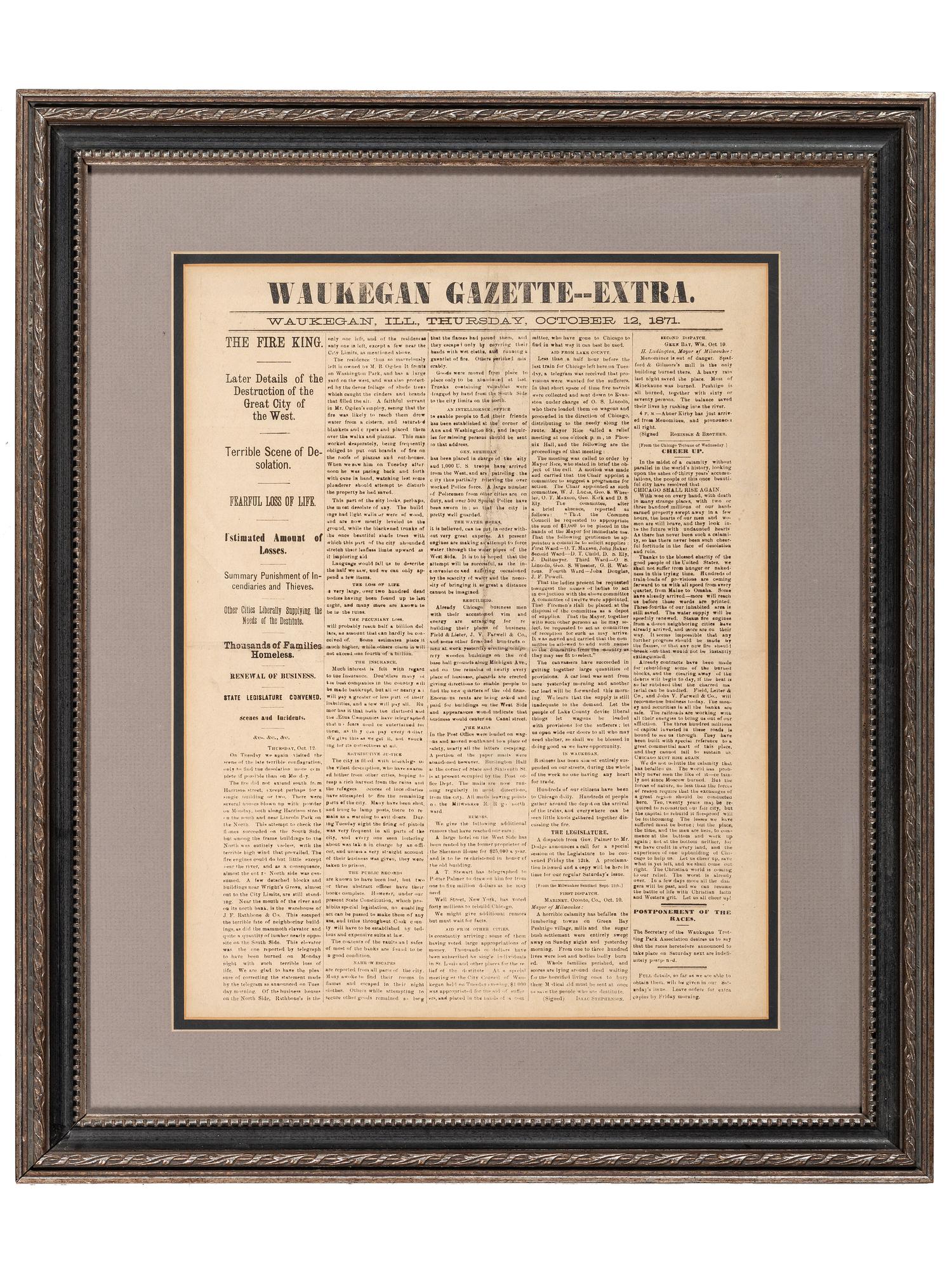 [CHICAGO]. A group of 2 items involving the Great Chicago Fire of 1871, incl. Waukegan Gazette--Extra . 12 October 1871. [ With :] Great Fire aquatint.