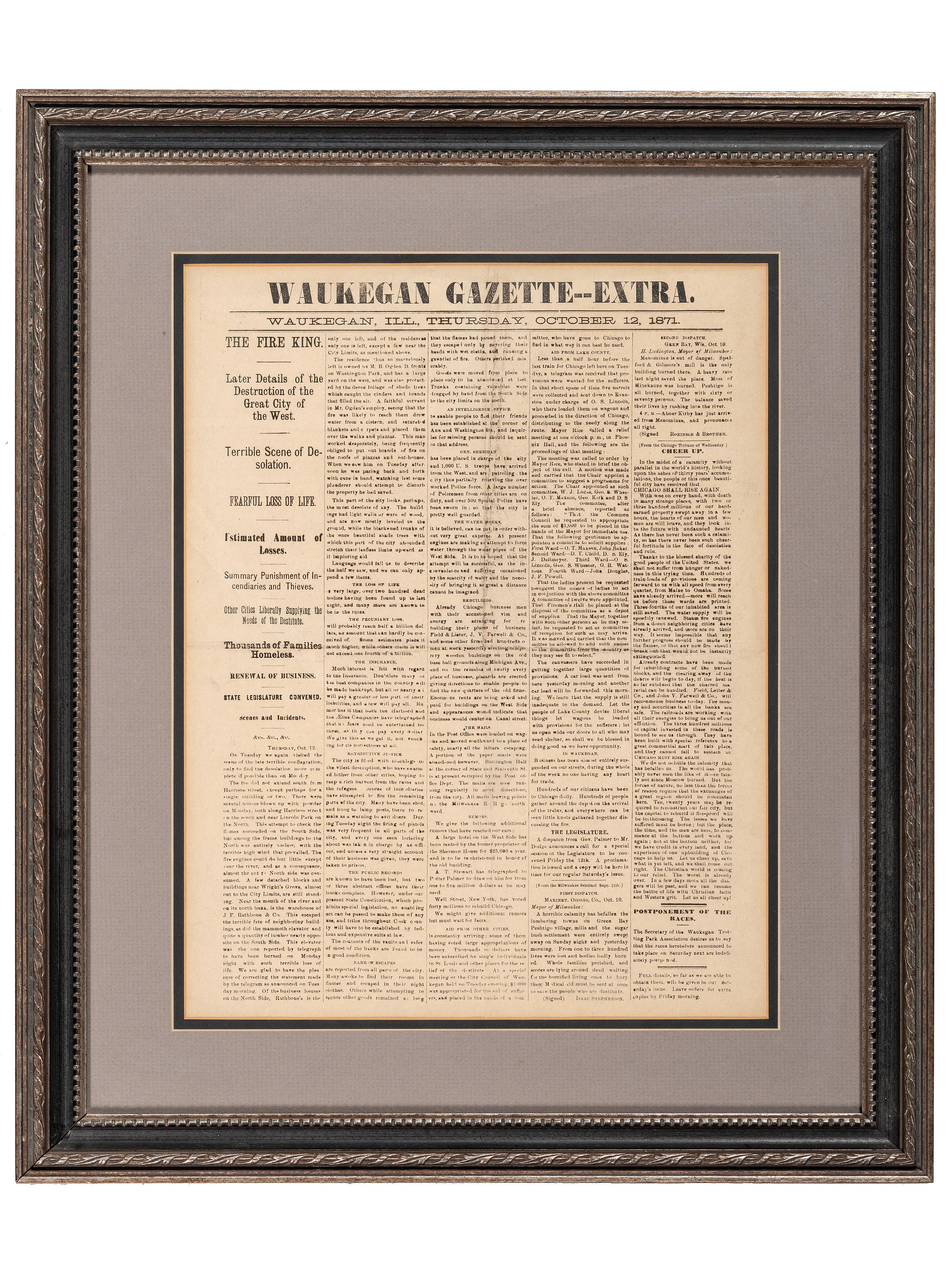 [CHICAGO]. A group of 2 items involving the Great Chicago Fire of 1871, incl. Waukegan Gazette--Extra . 12 October 1871. [ With :] Great Fire aquatint.