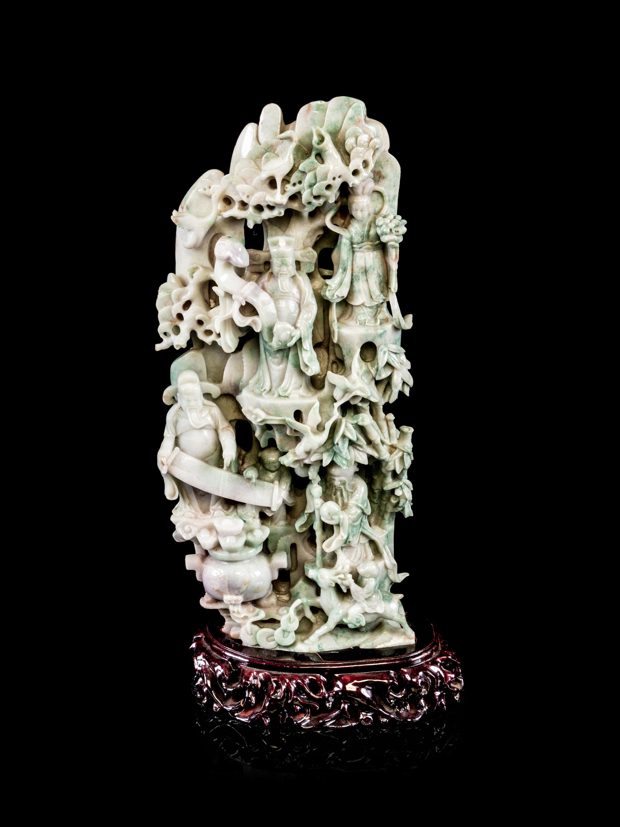 A Large Chinese Celadon and Lavender Jadiete Figural Group