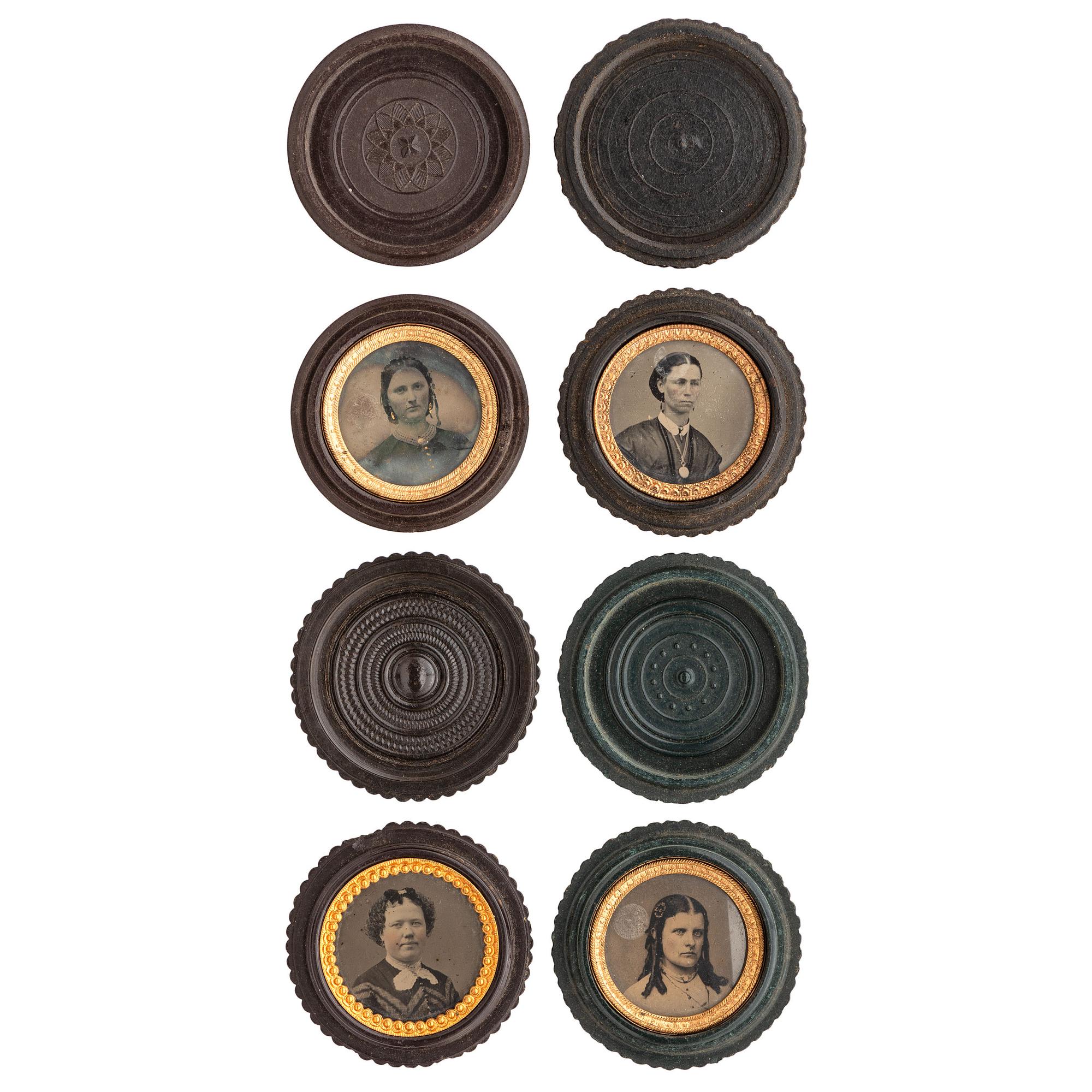 [EARLY PHOTOGRAPHY - UNION CASES]. A collection of 12 "oreo" cases in assorted colors containing tintypes of women with interesting hairstyles and accessories, including: