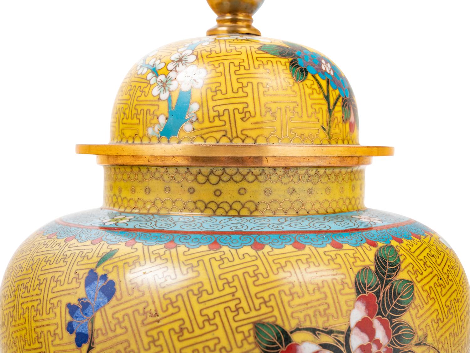 Seven Large Chinese Yellow Ground Cloisonné Enameled Vases