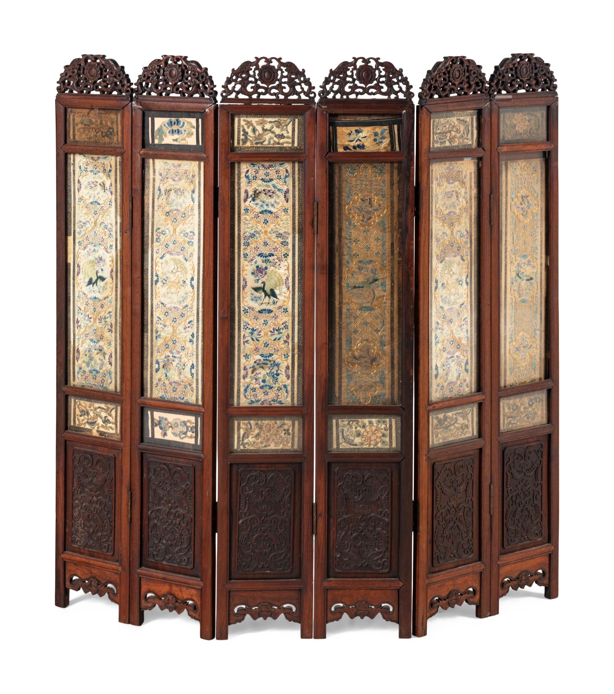 A Chinese Embroidered Silk Inset Hardwood Six-Panel Screen, Late Qing Dynasty 清晚期 紅木鑲綉片六扇屏