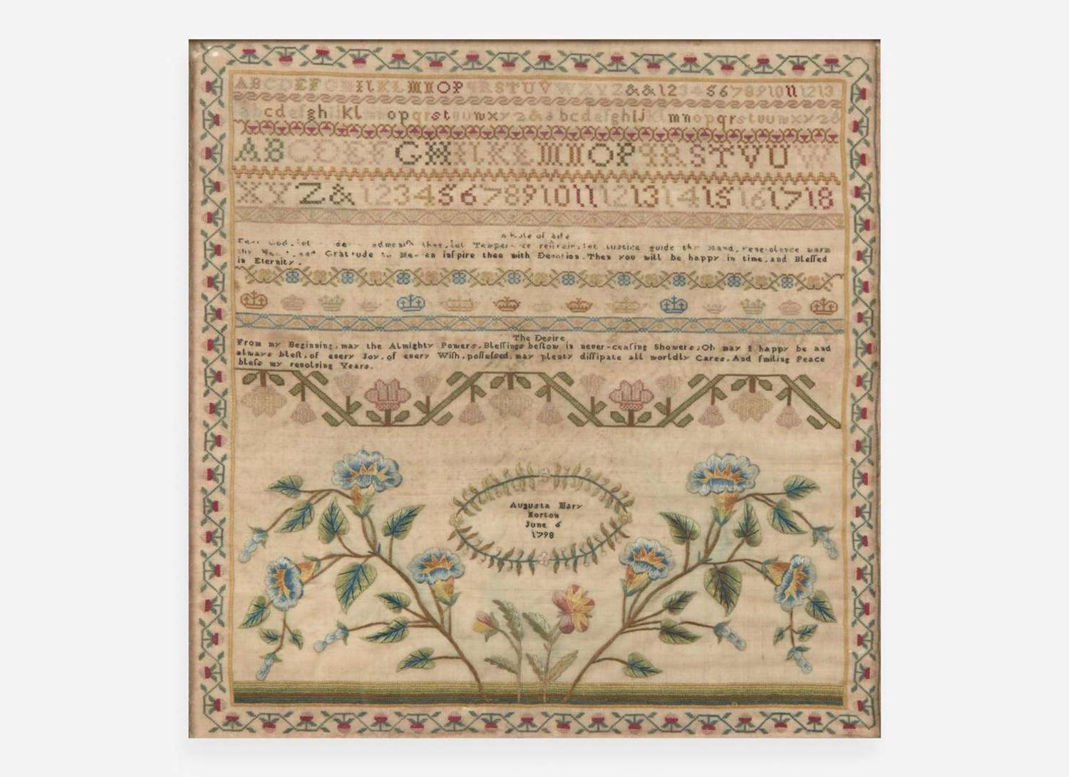 An English needlework sampler, Augusta Mary Horton, dated "June 6, 1798"