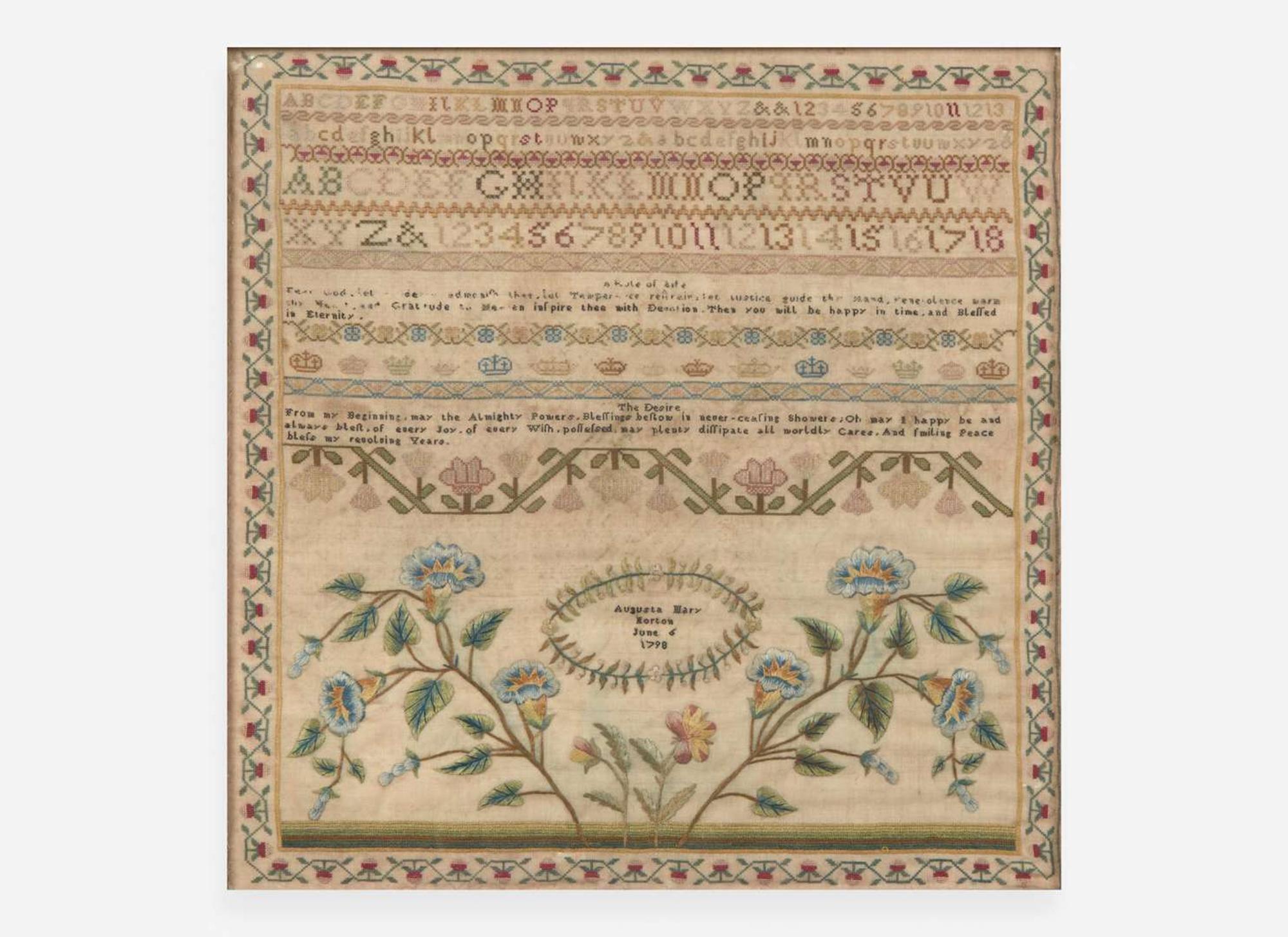 An English needlework sampler, Augusta Mary Horton, dated "June 6, 1798"