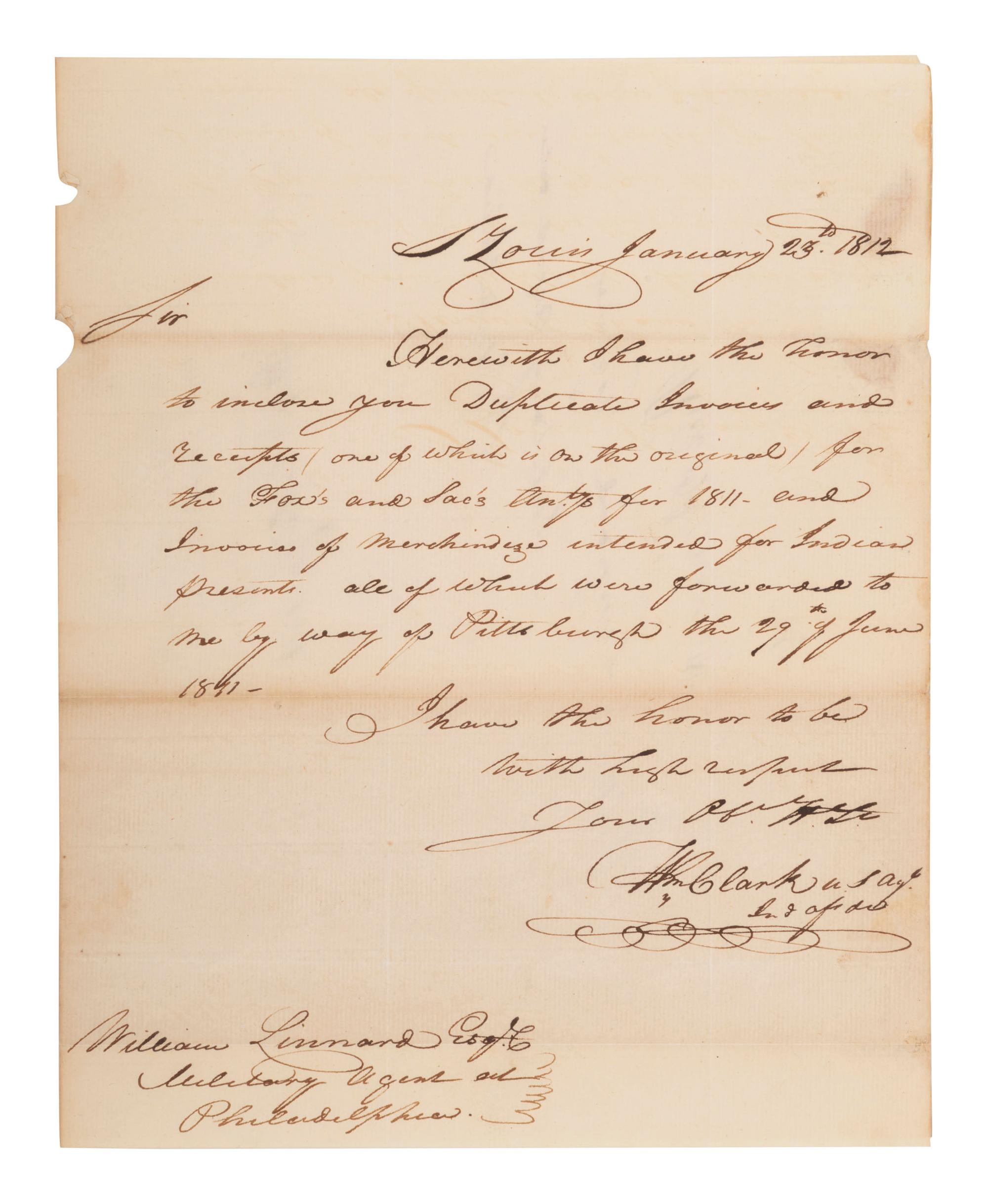 [NATIVE AMERICANS]. CLARK, William (1770-1838). Autograph letter signed ("Wm Clark") as US Agent of Indian Affairs, to William Linnard, Esq. St. Louis, MO, 23 January 1812.