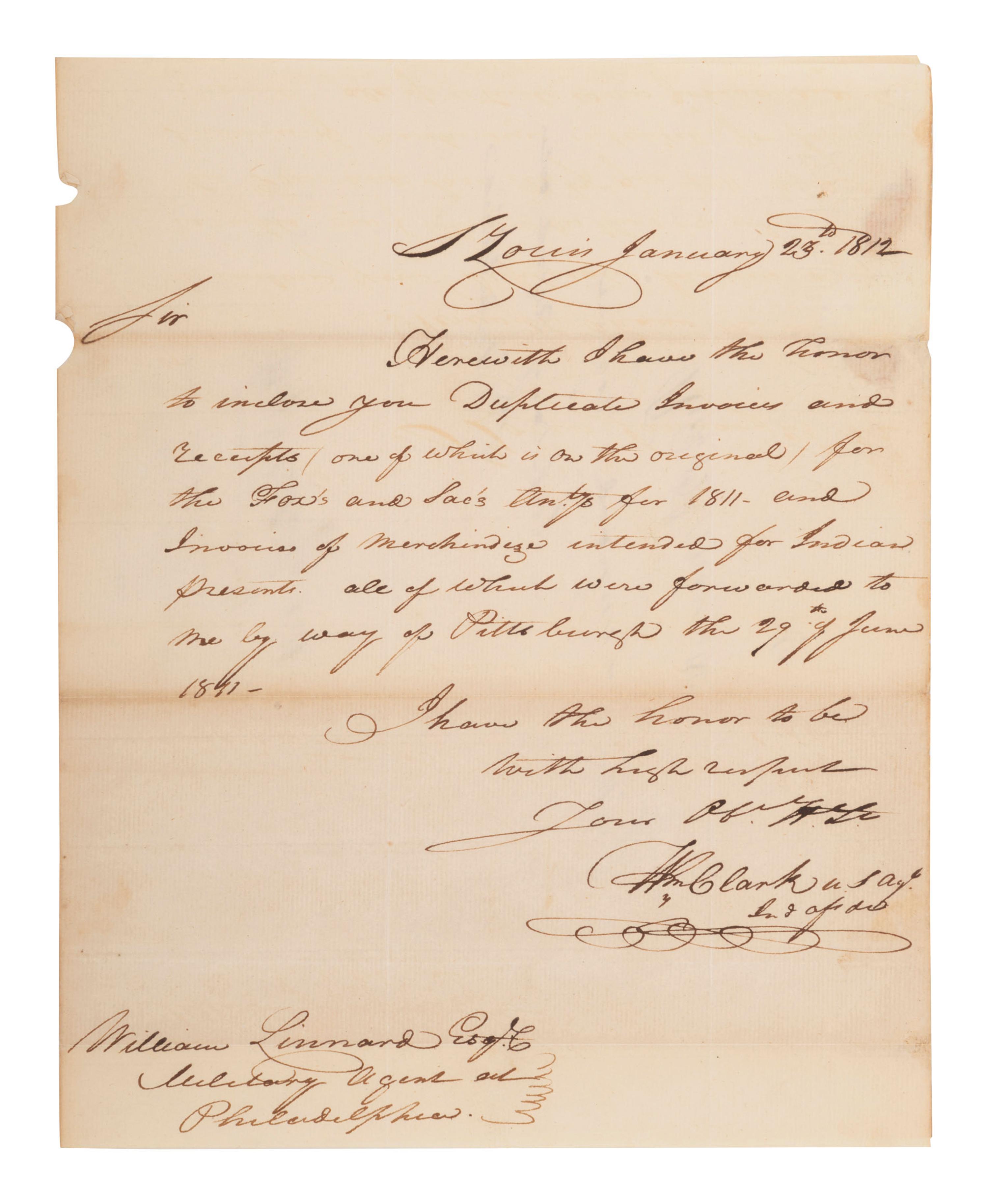 [NATIVE AMERICANS]. CLARK, William (1770-1838). Autograph letter signed ("Wm Clark") as US Agent of Indian Affairs, to William Linnard, Esq. St. Louis, MO, 23 January 1812.