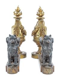 A Pair of Empire Style Gilt and Patinated Bronze Chenets