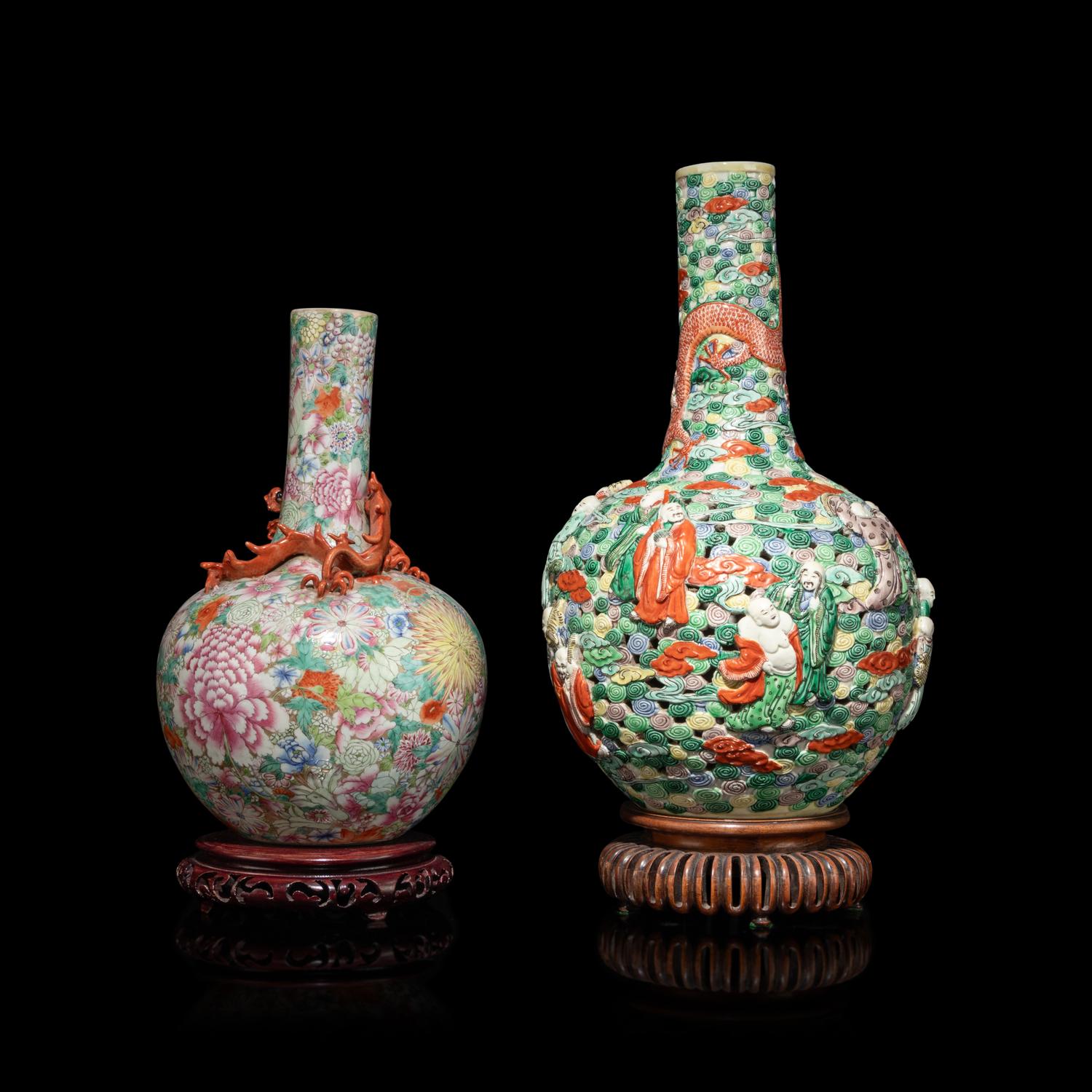 Two Chinese Famille Rose Mille Fleur Porcelain Vases, 19th Century 清晚期 粉彩百花不落地賞瓶及羅漢圖賞瓶兩支
