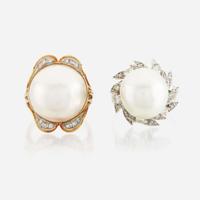Two cultured pearl, diamond, and gold rings