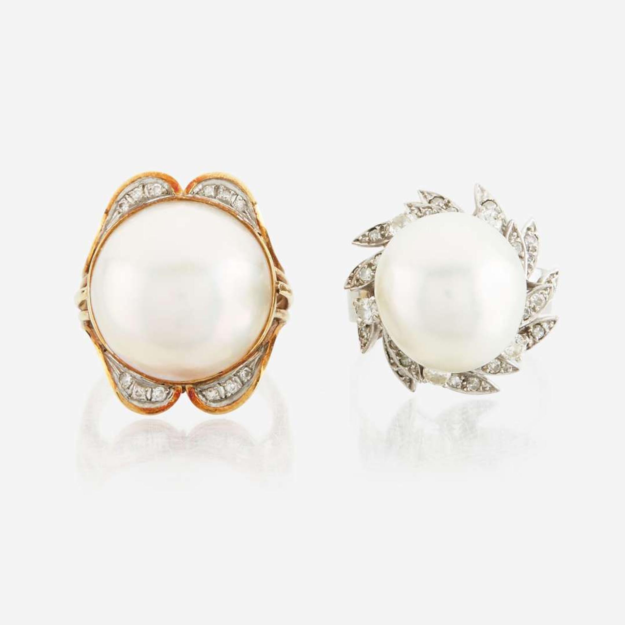 Two cultured pearl, diamond, and gold rings
