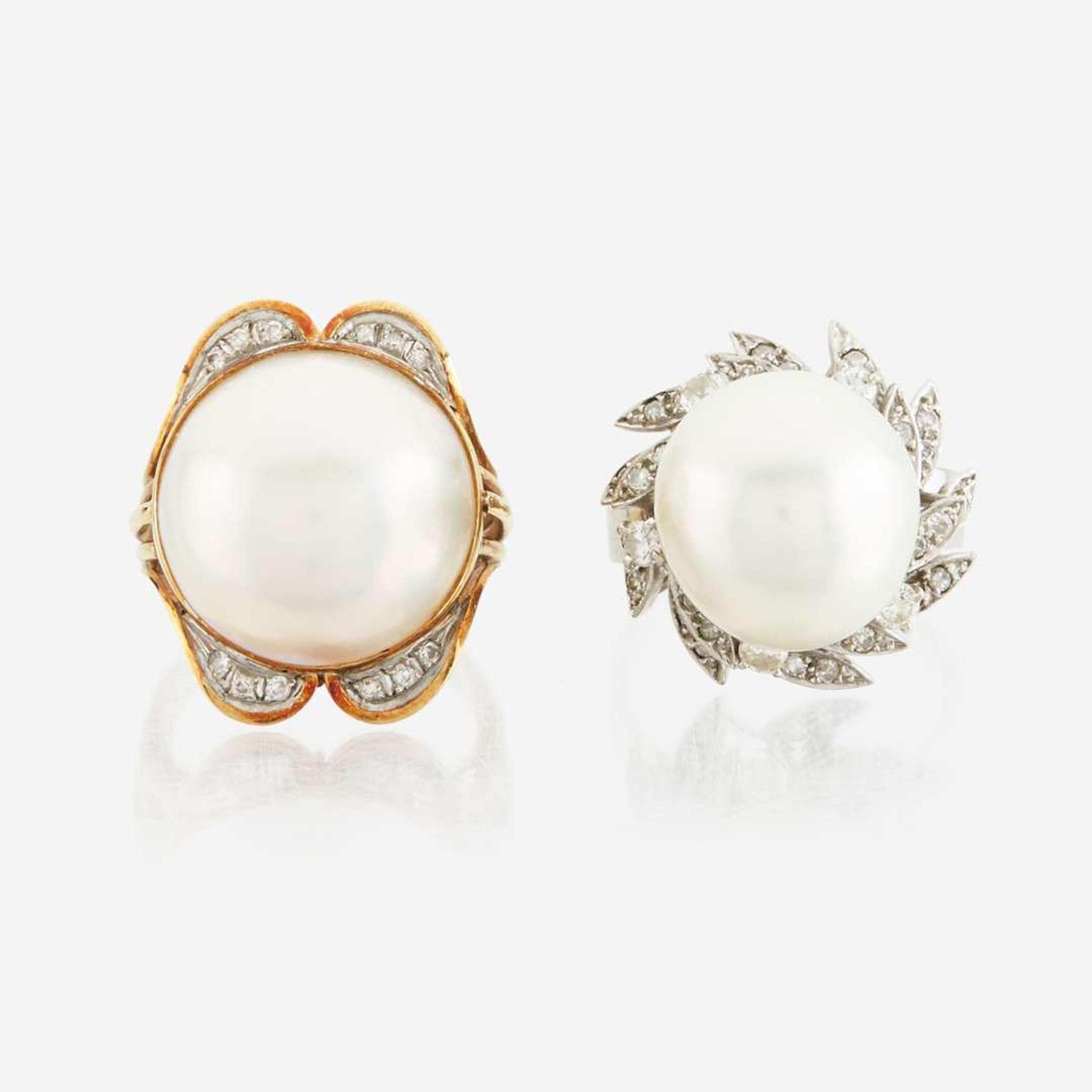 Two cultured pearl, diamond, and gold rings