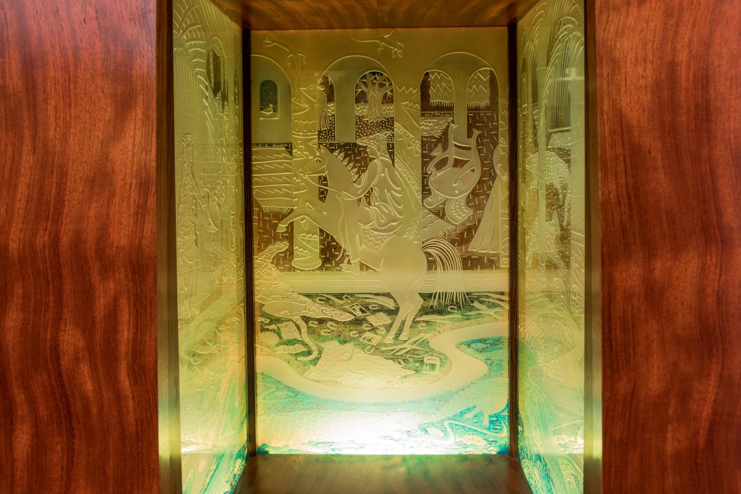 Mystery on the Nile , 1987 Cabinet with Illuminated Glass Interior produced in collaboration with Parker McComas