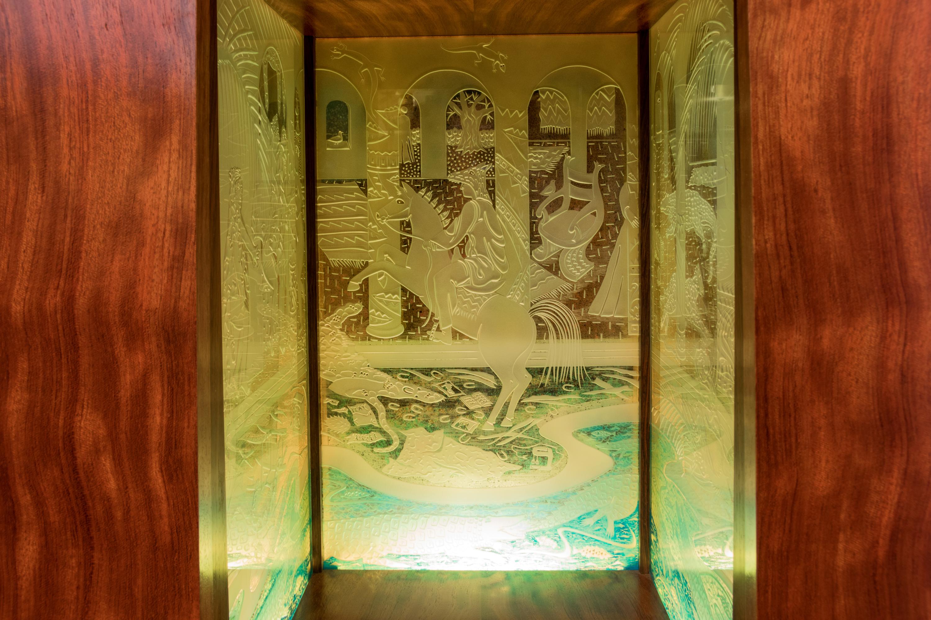 Mystery on the Nile , 1987 Cabinet with Illuminated Glass Interior produced in collaboration with Parker McComas