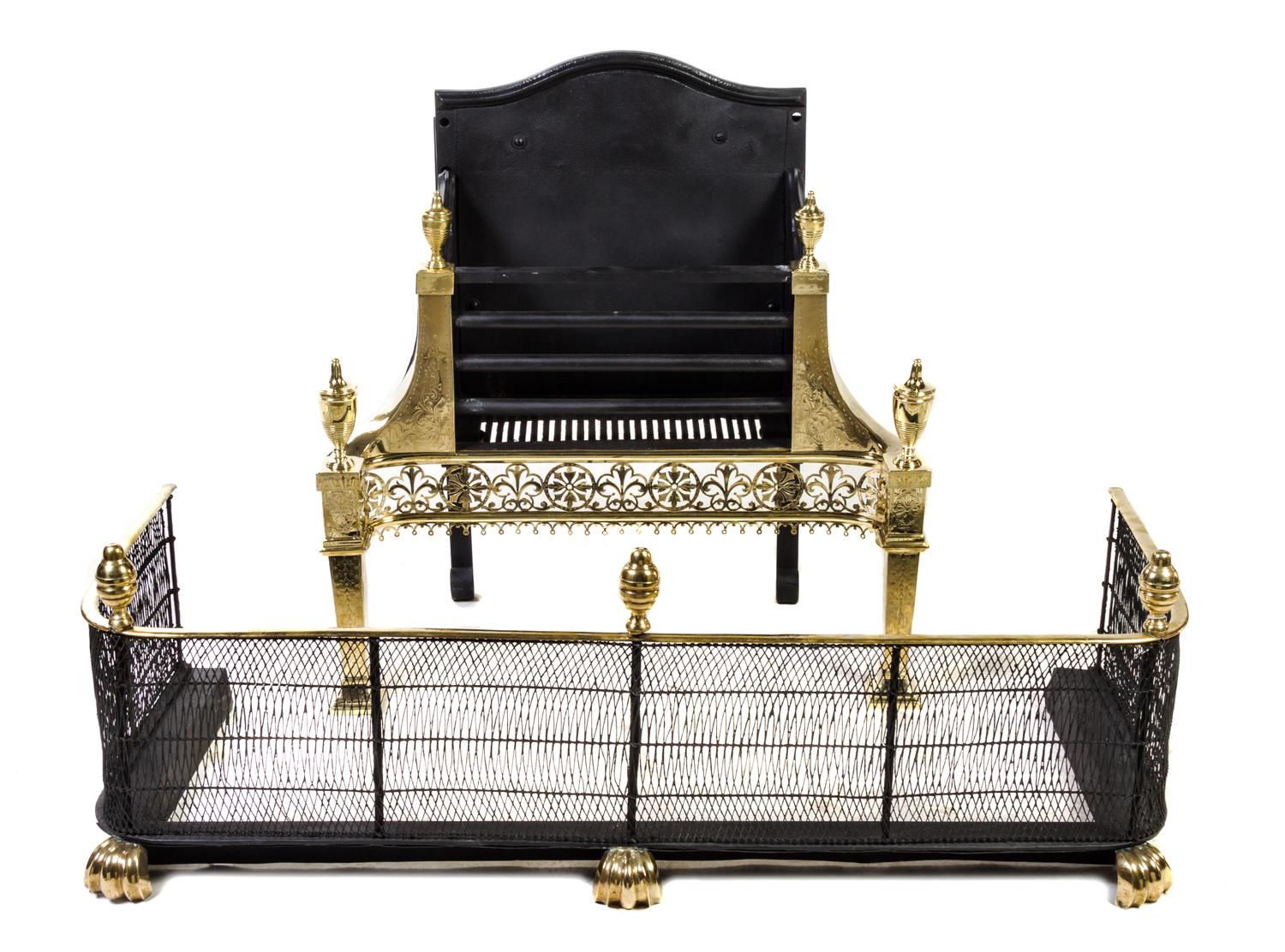 A Neoclassical Brass Fire Fender and Fireplace Grate Height of grate 31 inches; width of fender 47 1/2 inches. — 19TH CENTURY