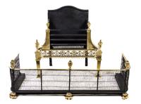 A Neoclassical Brass Fire Fender and Fireplace Grate Height of grate 31 inches; width of fender 47 1/2 inches. — 19TH CENTURY